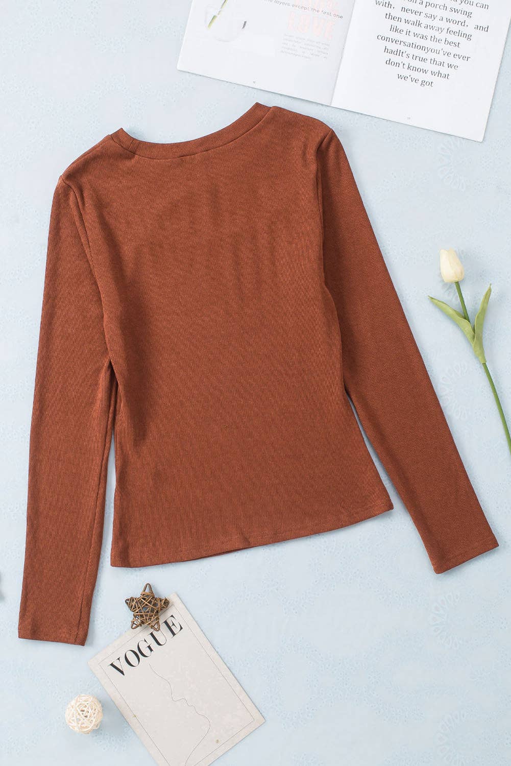 Ribbed Peekaboo Cutout Top: Brown