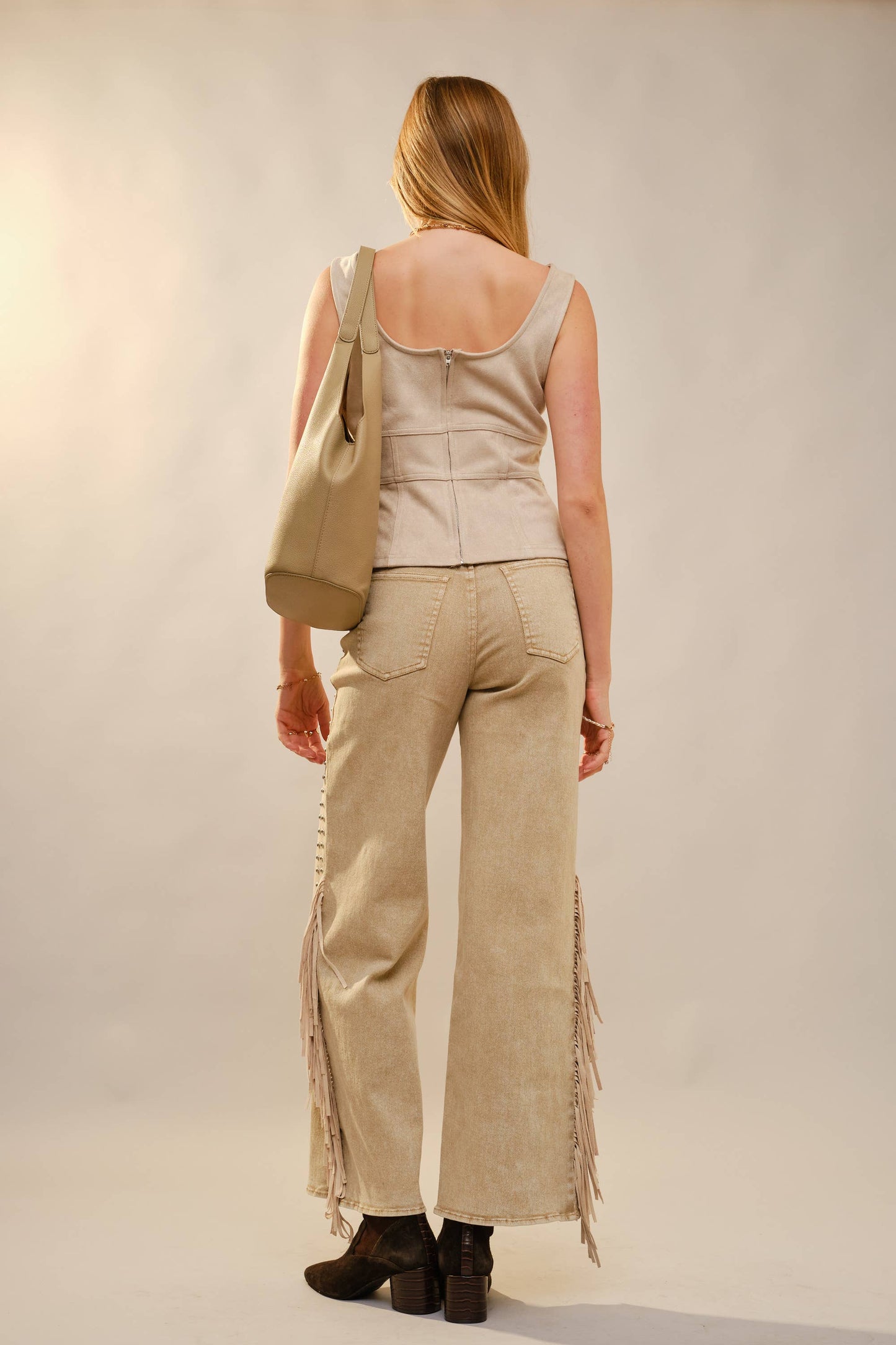 Fringe Stud Faux Suede Tank: CAMEL