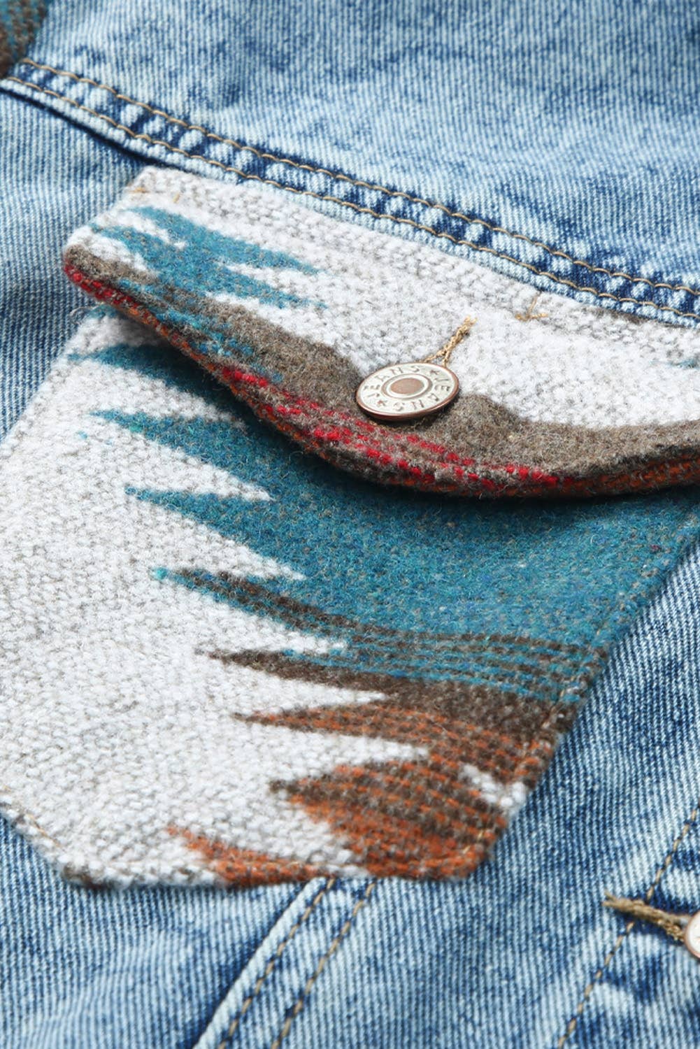 Multicolor Print Frayed Hem Denim Jacket: Blue / M