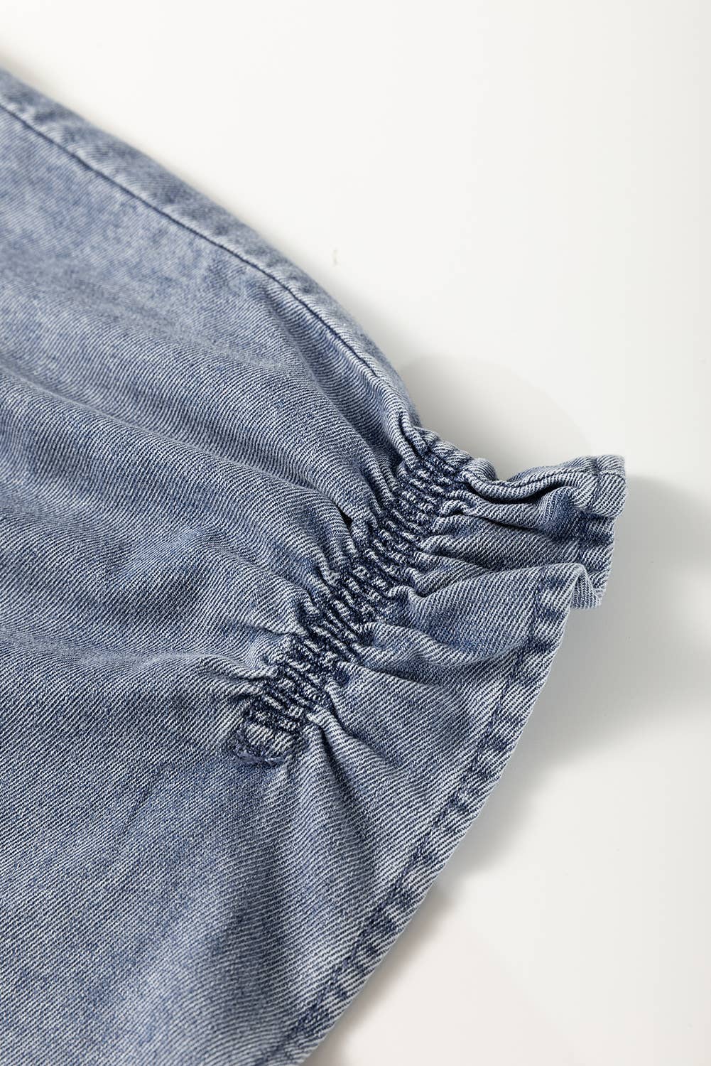 V Neck Ruffled Short Puff Sleeve Denim Top: Blue / XL