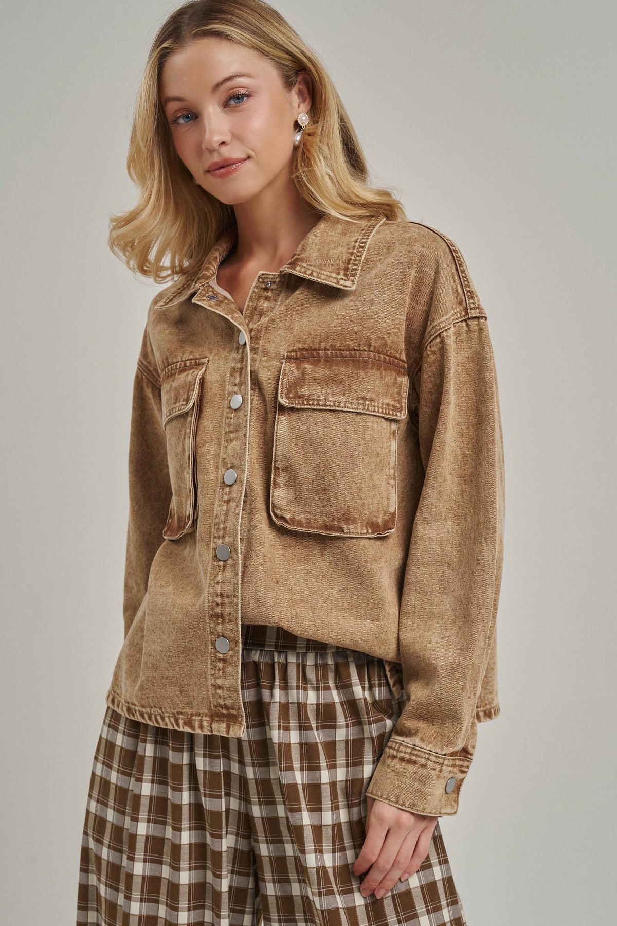 VINTAGE WASHED WESTERN INSPIRED SHACKET _JLT00321-03: VINTAGE TAUPE / S-M-L(2-2-2)