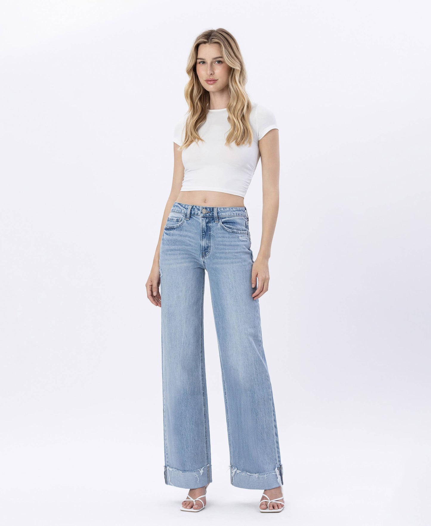SUPER HIGH RISE CUFFED BAGGY WIDE LEG JEANS T6512: JUBILANT / 30