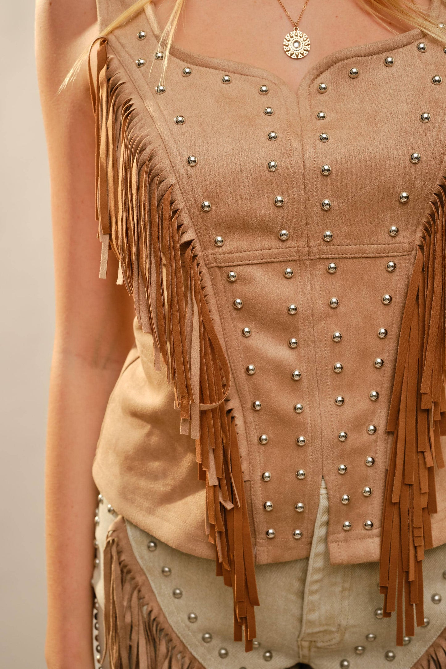 Fringe Stud Faux Suede Tank: CAMEL