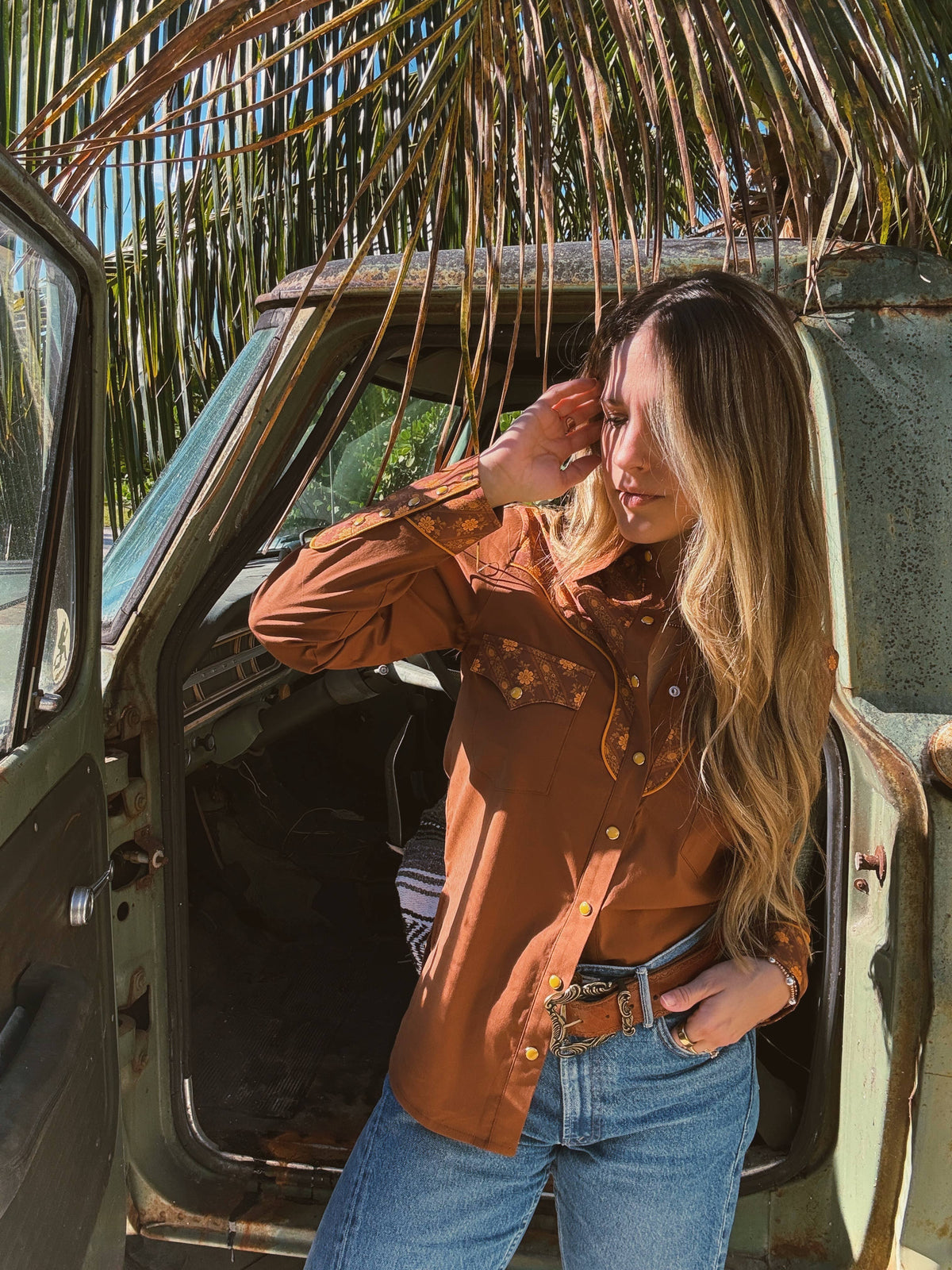 John Wayne Western Pearl Snap Button Up Top In Rust : M