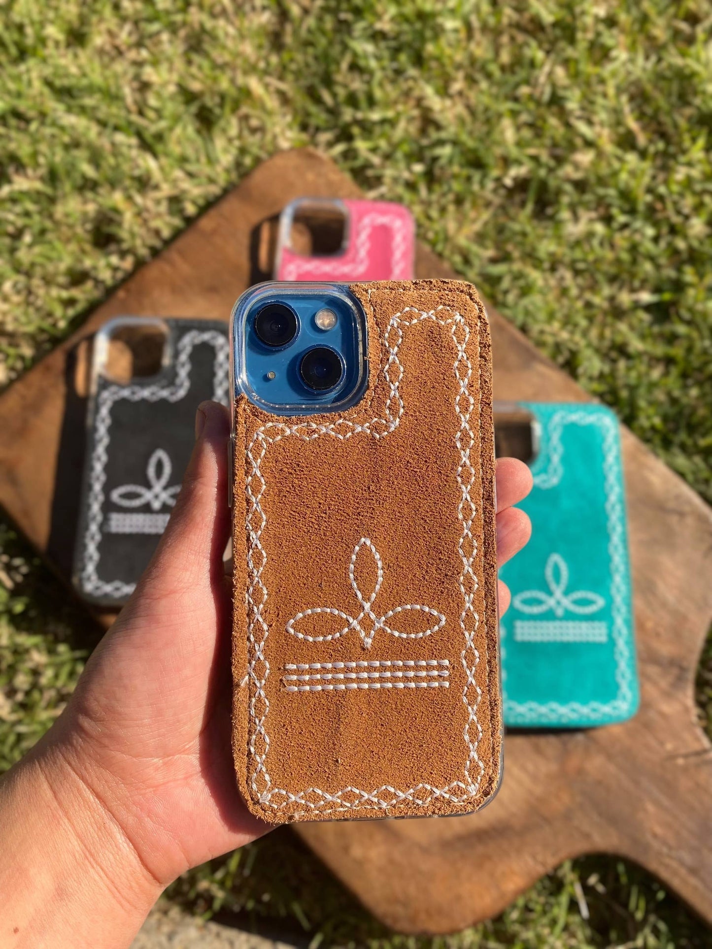 Pink Boot-Stitch Suede Leather Phone Case : Black / 16 Pro
