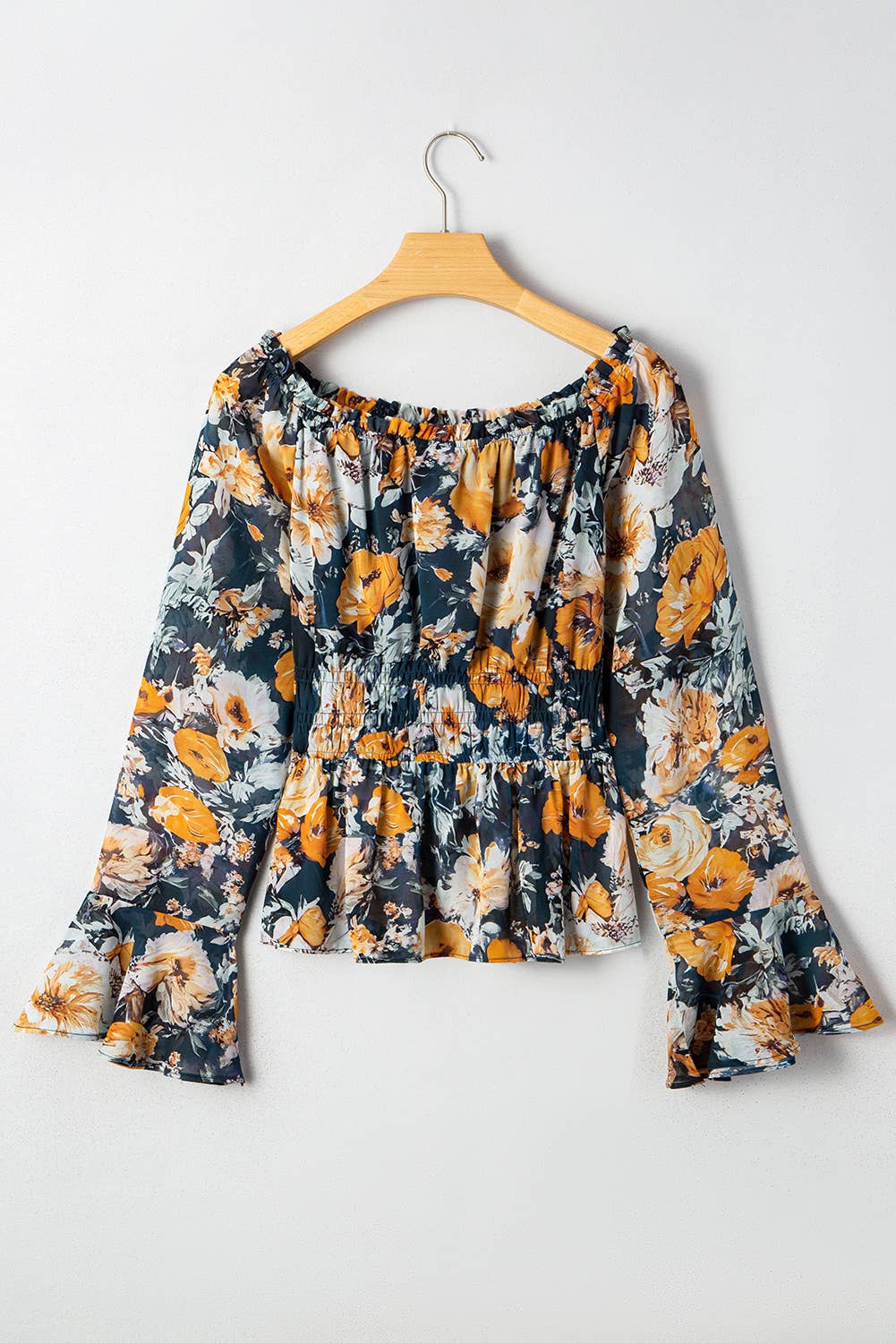 Floral Off Shoulder Bell Sleeve Smocked Peplum Top: Blue / XL