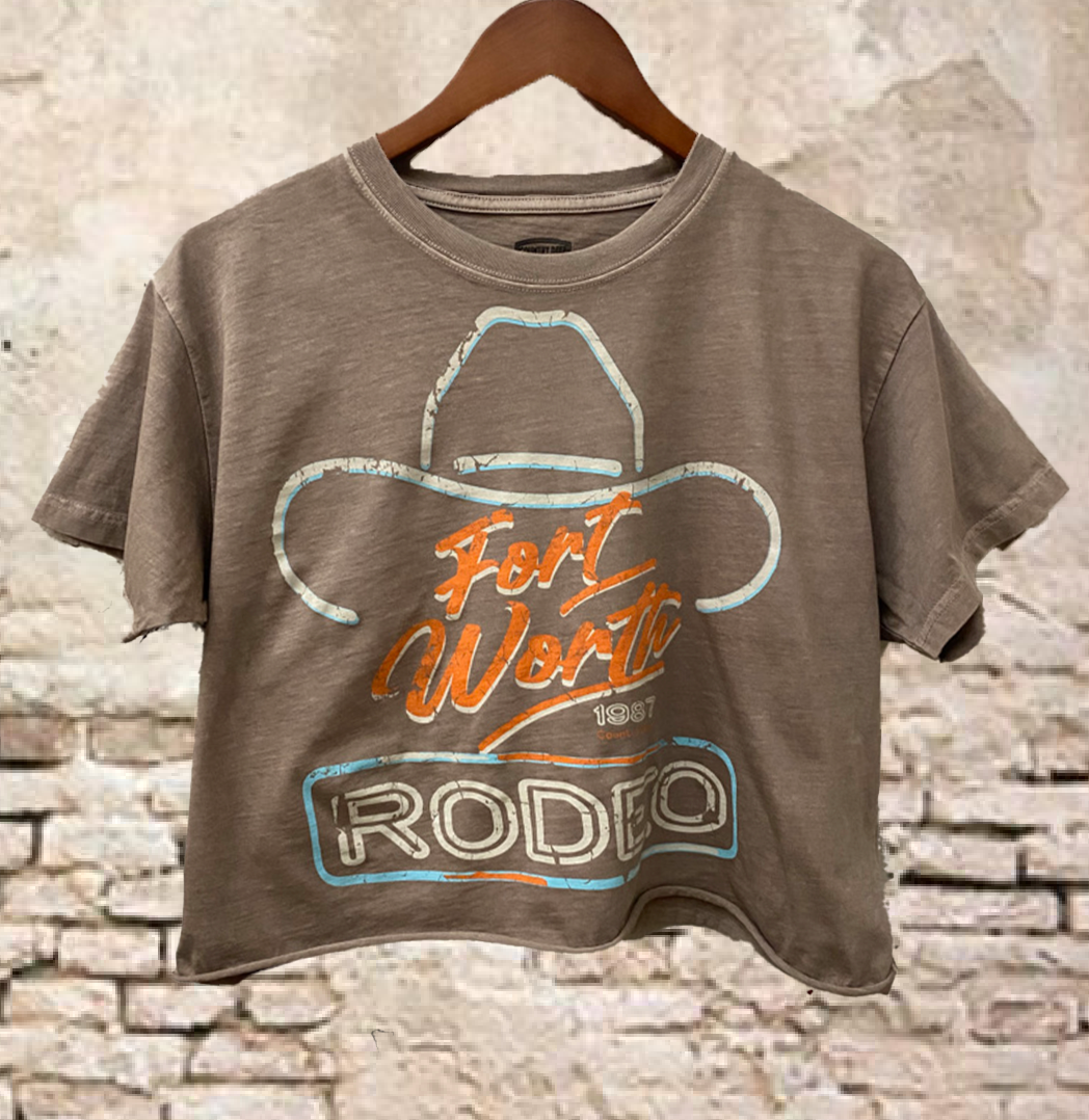 Fort Worth Rodeo 87 Vintage Relaxed Crop T-shirt  : Small Faded Brown