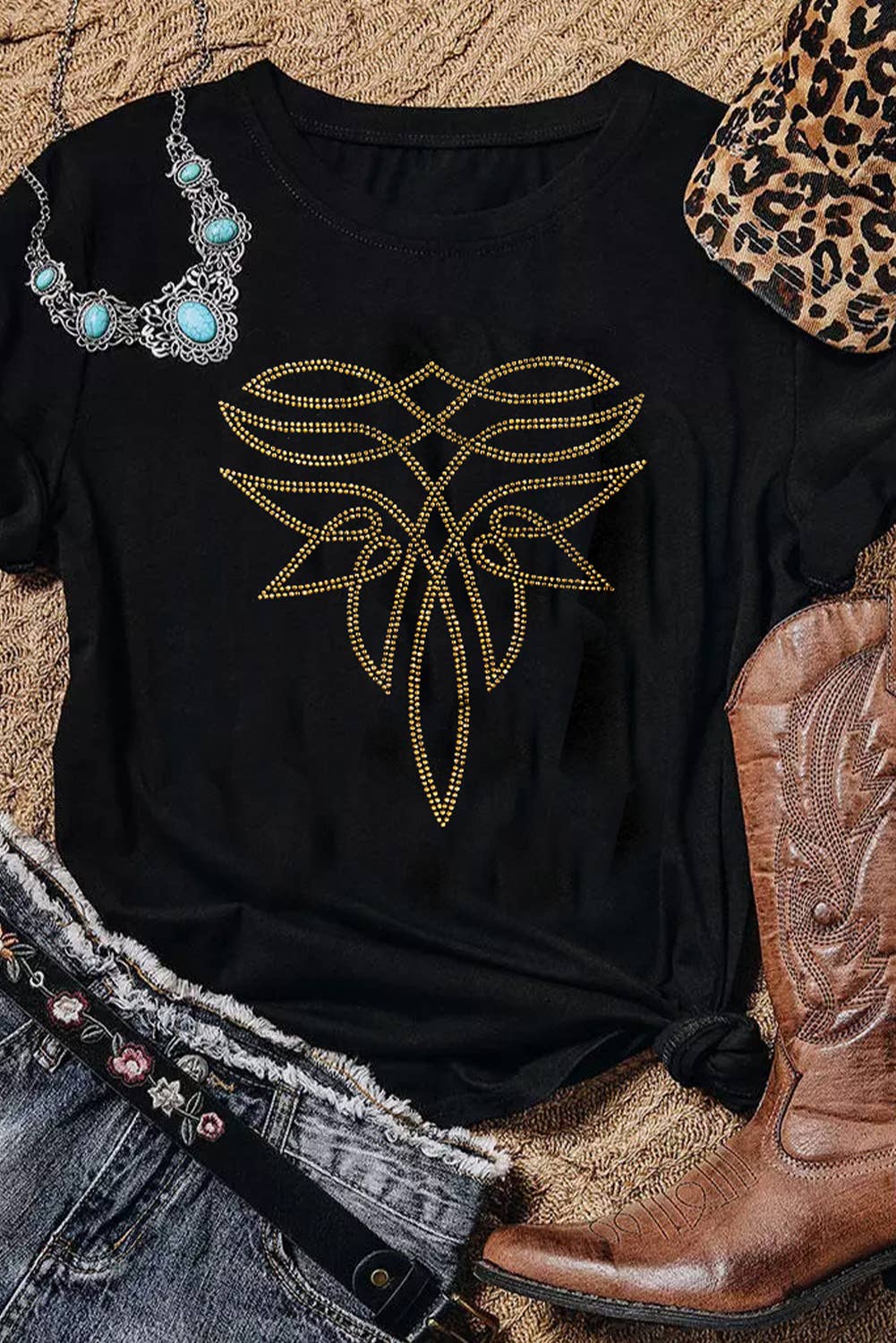 Rhinestone Western Pattern Cotton Blend Graphic T Shirt: Black / L