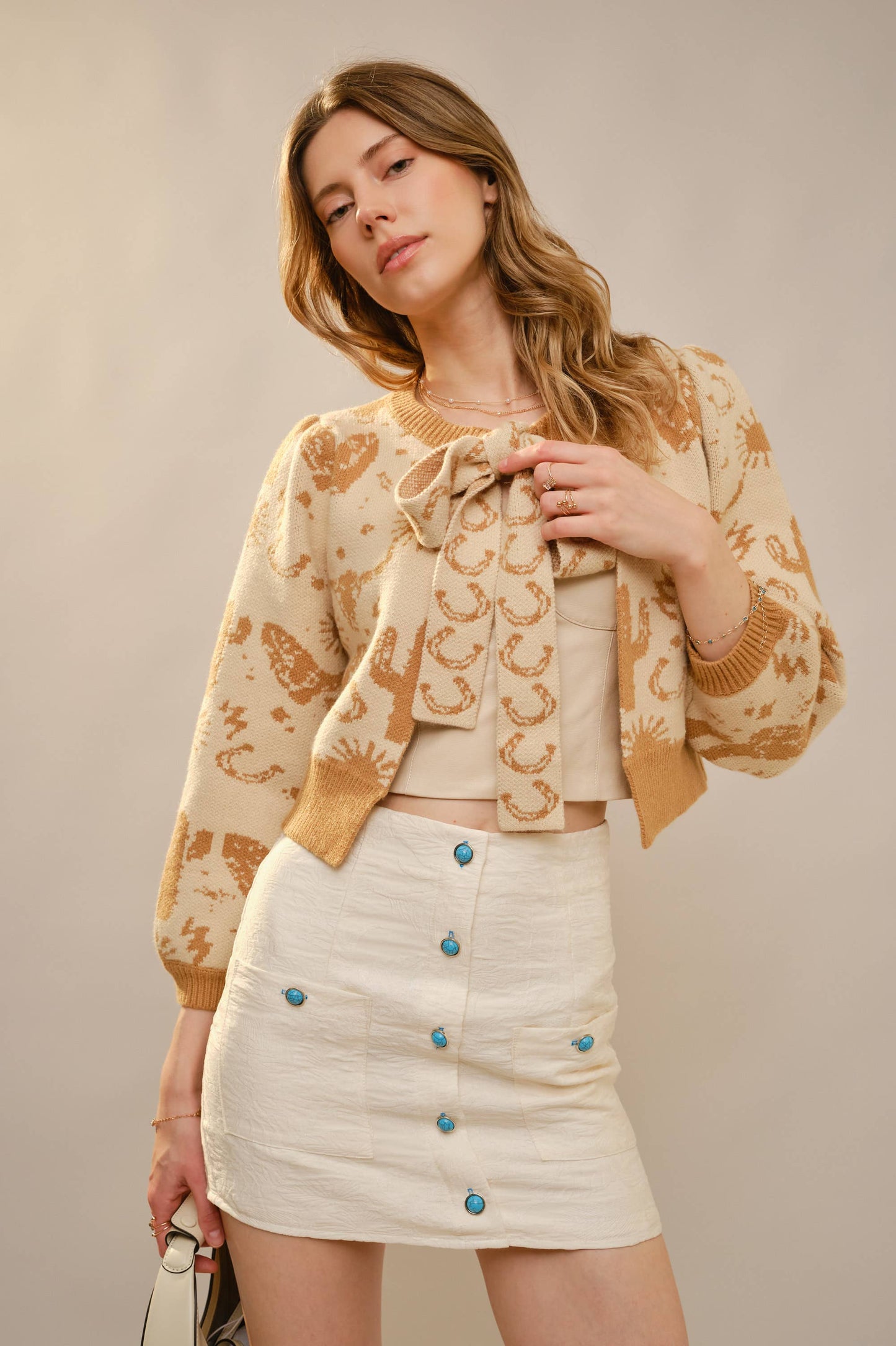 Western Motif Tie Front Cardigan: TAUPE