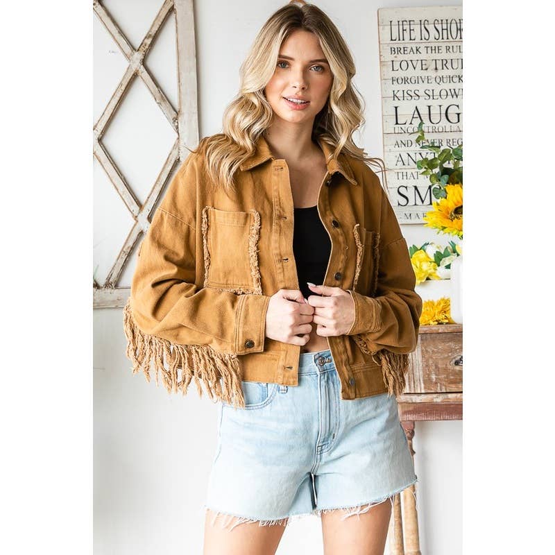 WASHED BUTTON DOWN FRINGE TWILL JACKET: WASHED CAMEL / XS-S-M-L-XL(1-2-2-2-1)