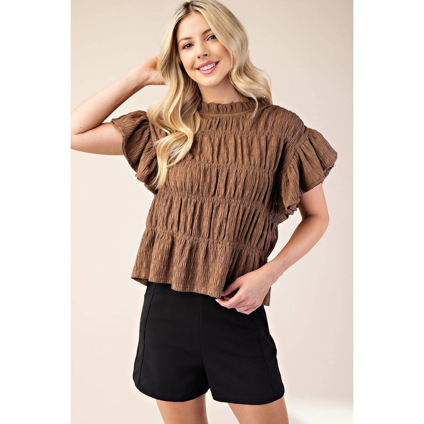 NEW Ruched Flutter Sleeve Top: BLACK / S