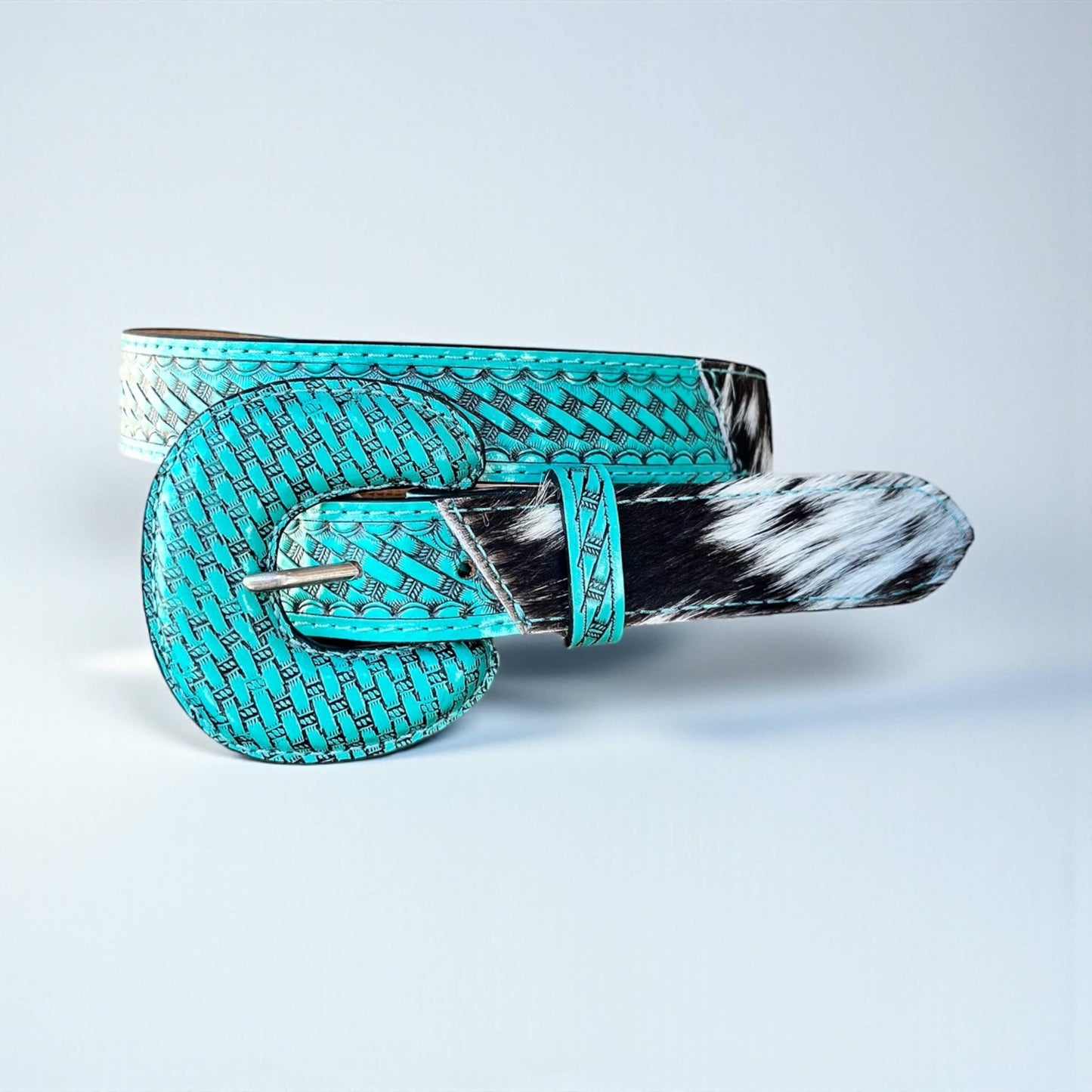 Turquoise tooled leather & cowhide bag strap 