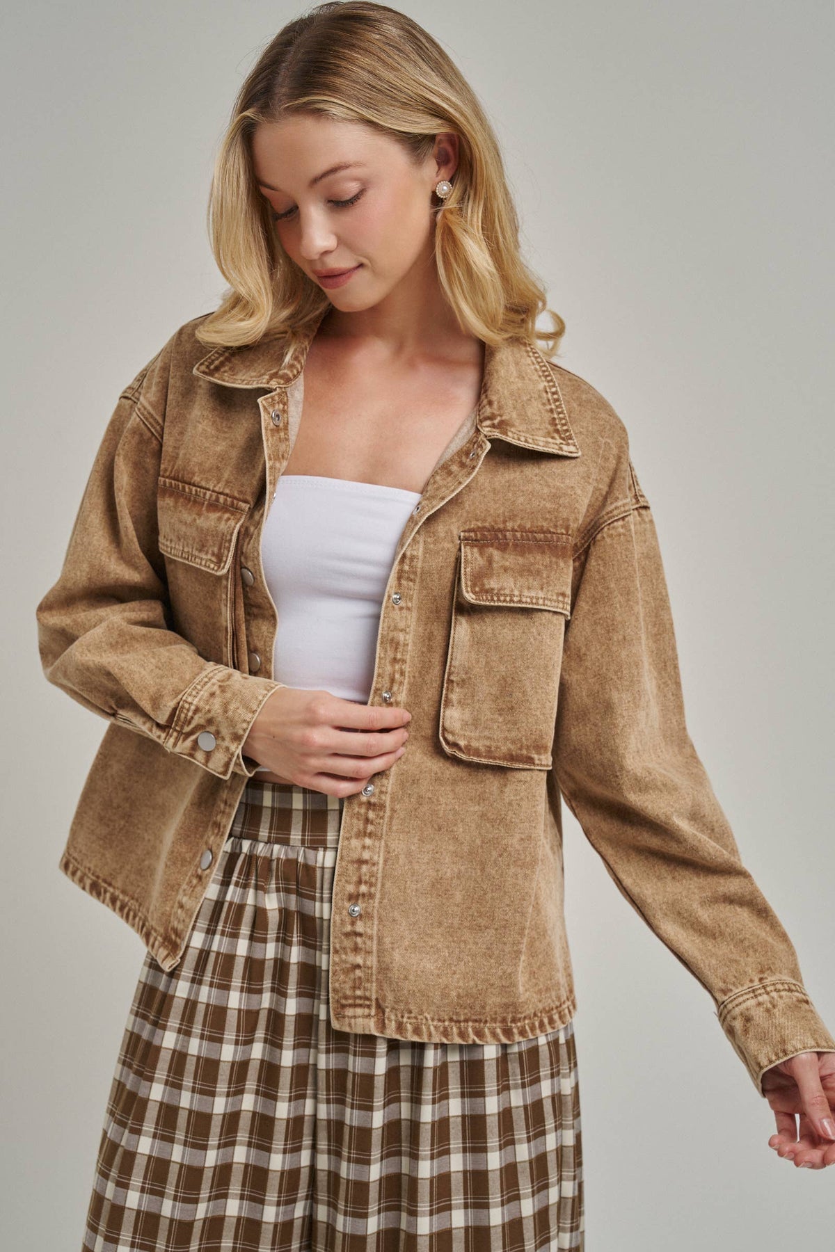 VINTAGE WASHED WESTERN INSPIRED SHACKET _JLT00321-03: VINTAGE TAUPE / S-M-L(2-2-2)