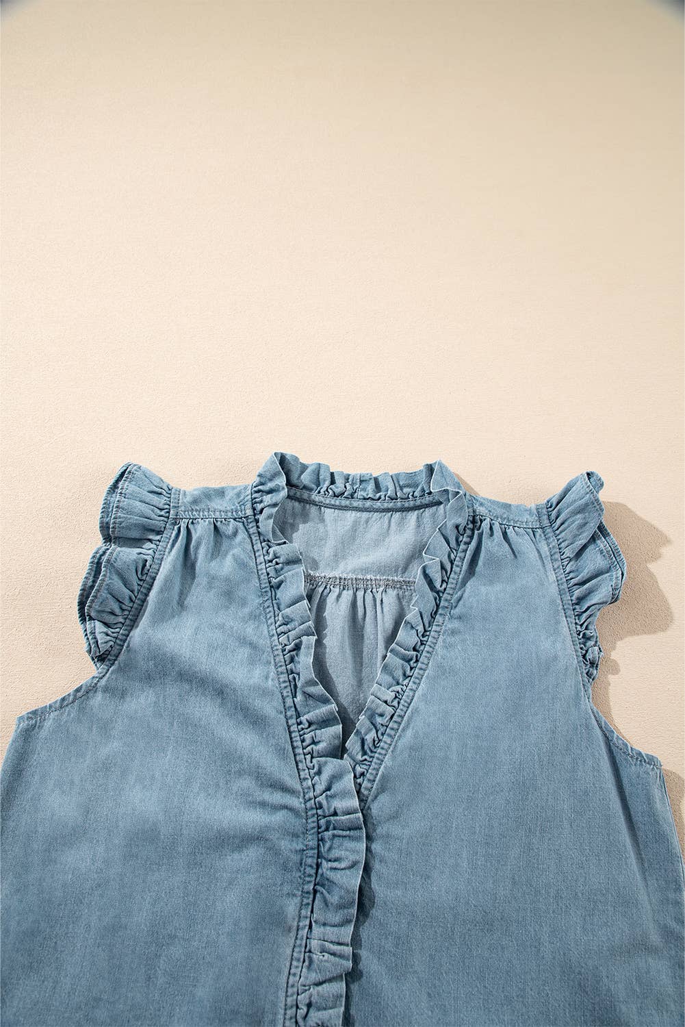 Frilly Ruffle Trim V Neck Chambray Tank Top: Beau Blue