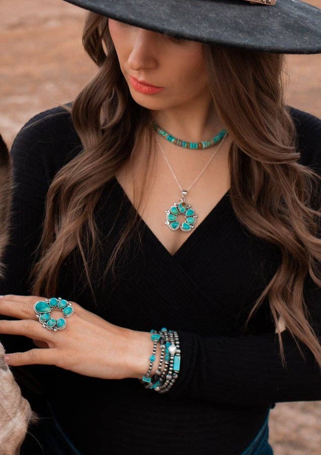 Squash Blossom Horseshoe Sterling Silver Ring | Multiple Stone Options!: Adjustable / Turquoise