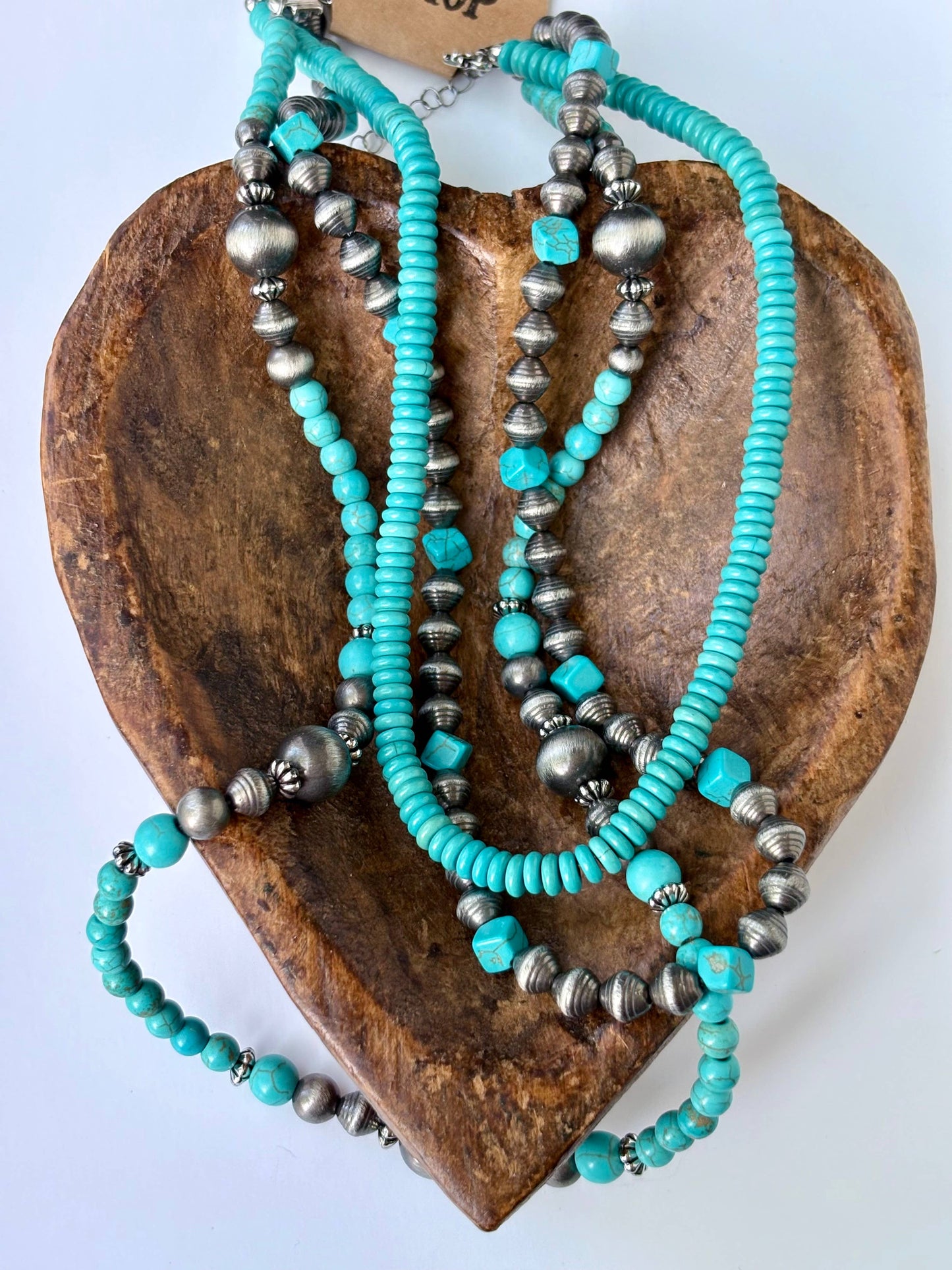 3 Layered Western Navajo Pearl & Turquoise Stone Necklace