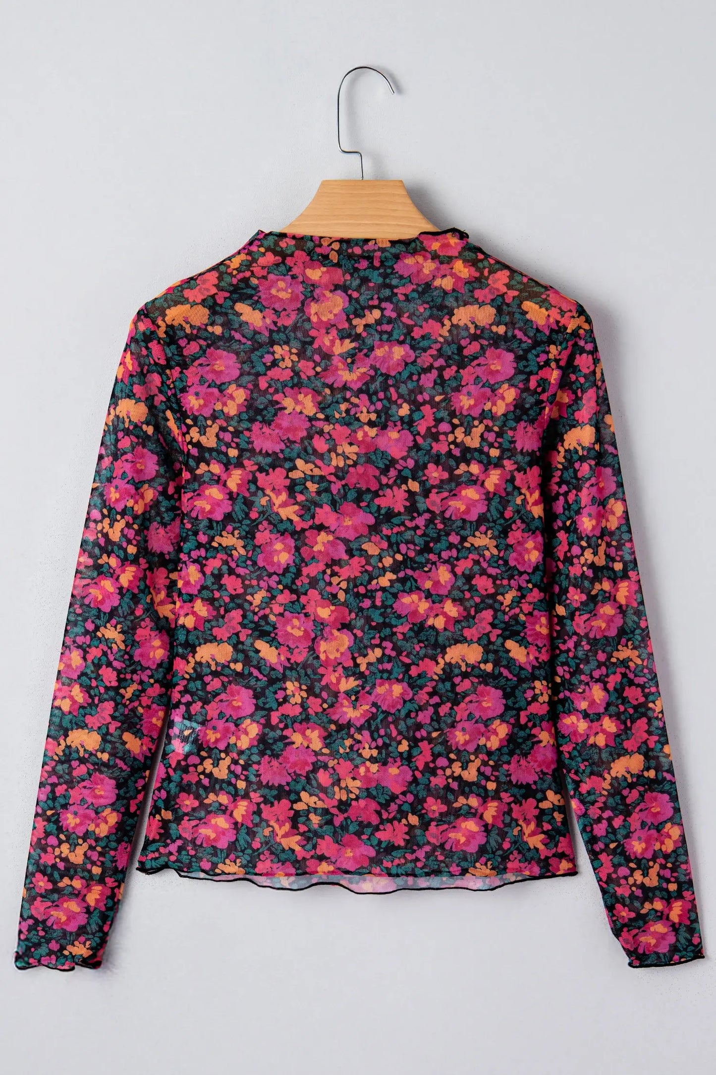 Slim Fit Floral Mesh Long Sleeve Mock Neck Top: Rose