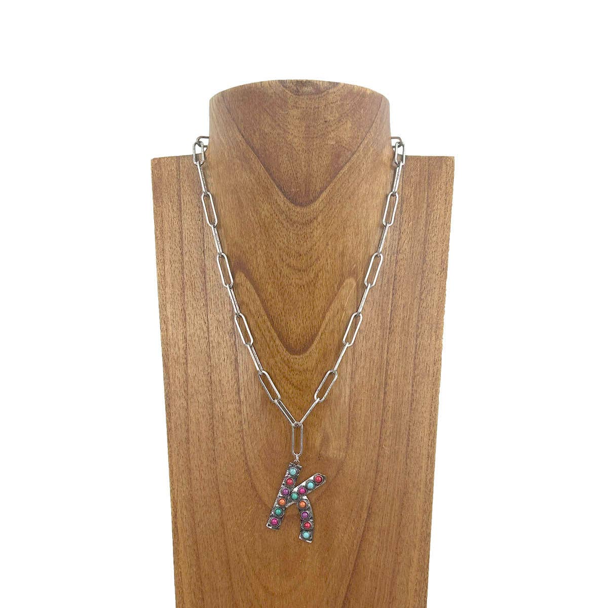 NKZ231125K-01              20 inches silver metal chain with blue turquoise stone letter K Necklace: BLUE