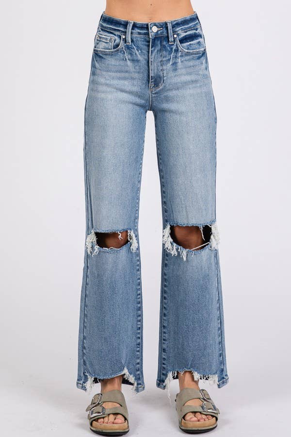 P1371W-MD HIGH RISE STRETCH SLIM WIDE LEG W/ DESTROYED HEM: 3/25