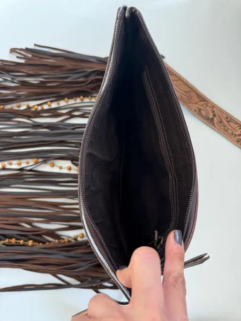 DIXIE CROSSBODY cowhide Western Tooled Leather fringe purse: BROWN + WHITE COWHIDE