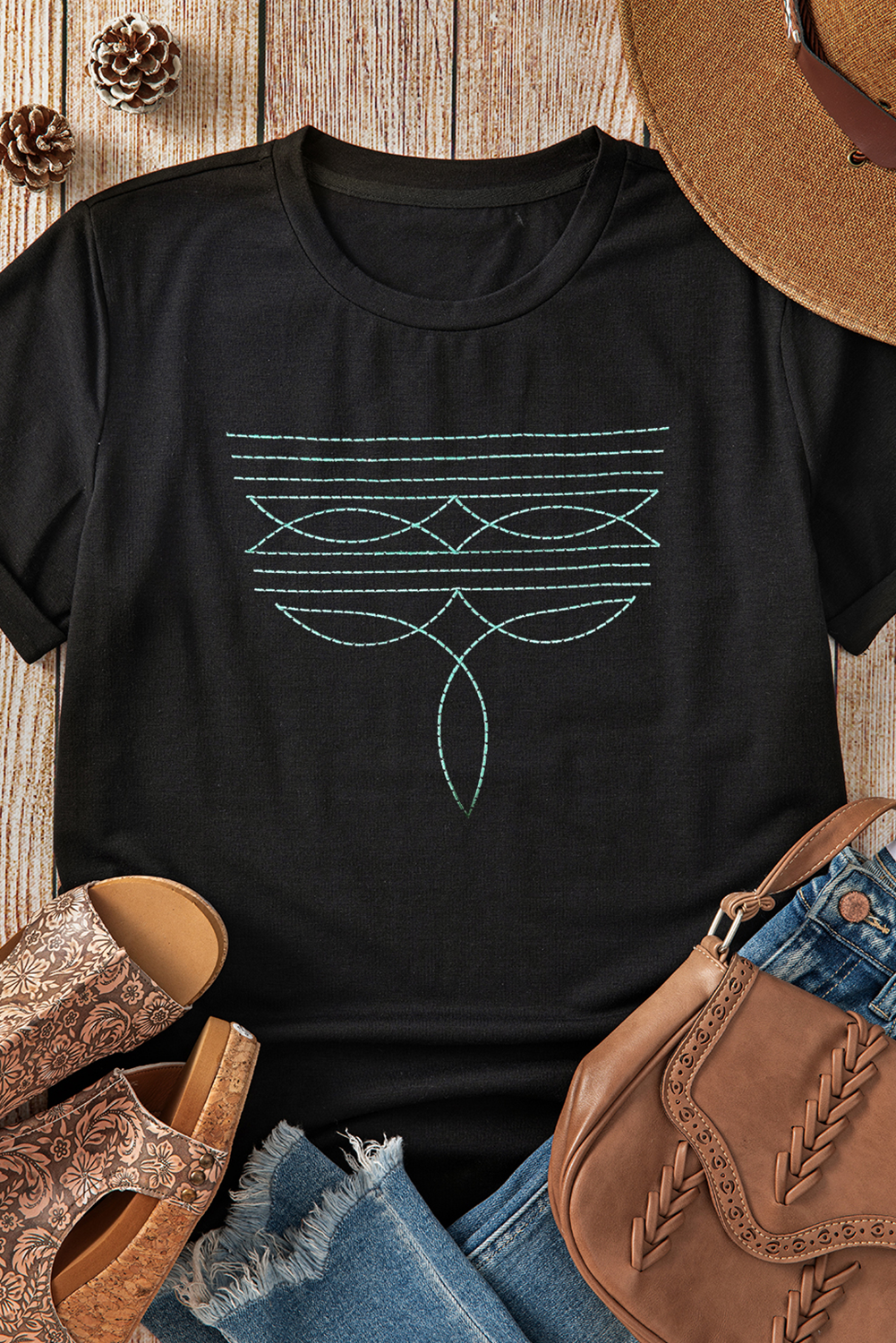 Black Western Fashion Boot Stitch T Shirt: Black / S