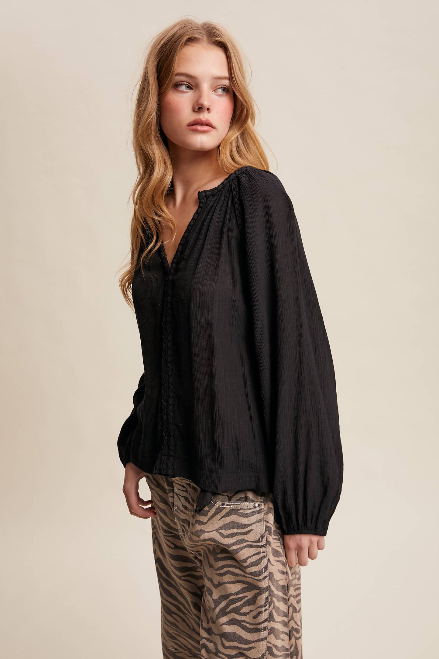 Braided Trim Peasant Blouse LT1447: Ecru / Contemporary / S