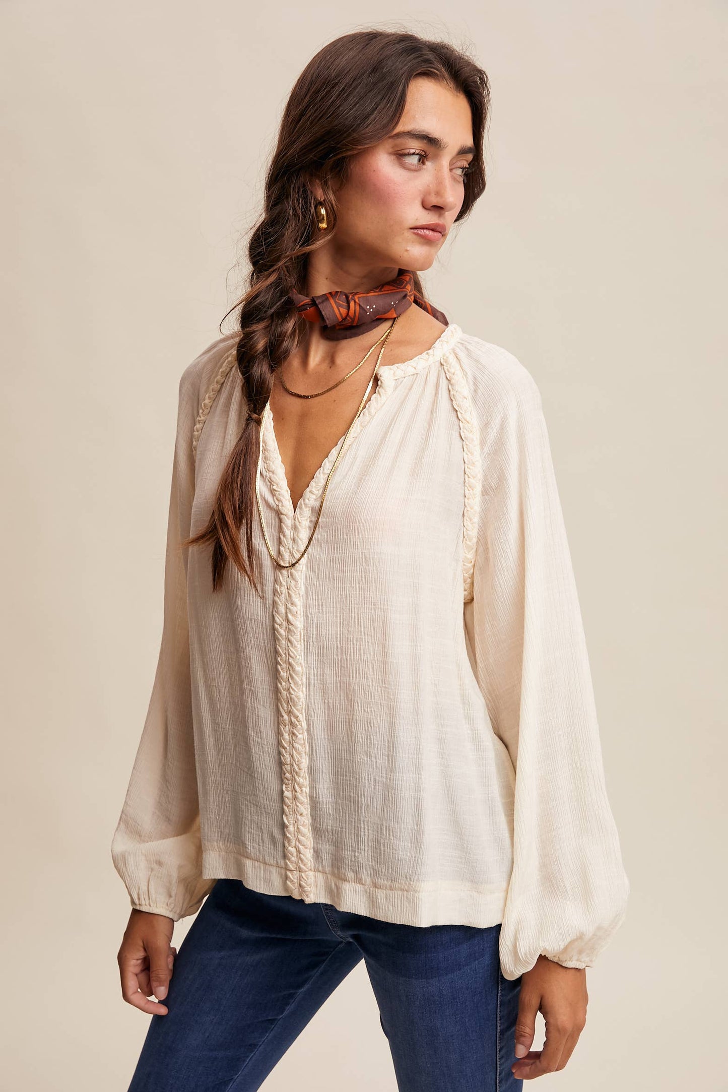 Braided Trim Peasant Blouse LT1447: Ecru / Contemporary / S