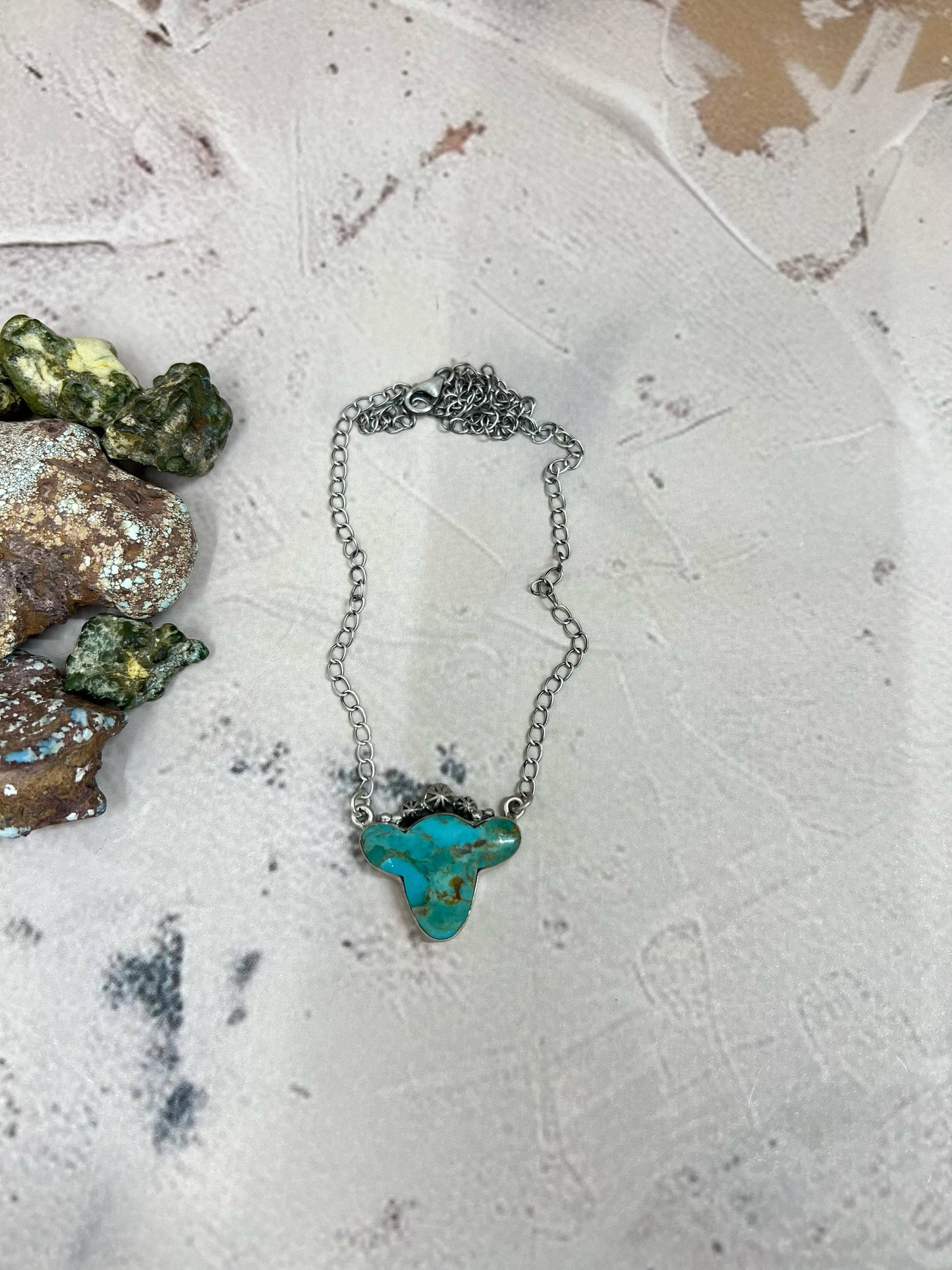Handmade Sterling Silver Kingman Turquoise Cowhead Necklace with Signed Nizhoni: Kingman Turquoise