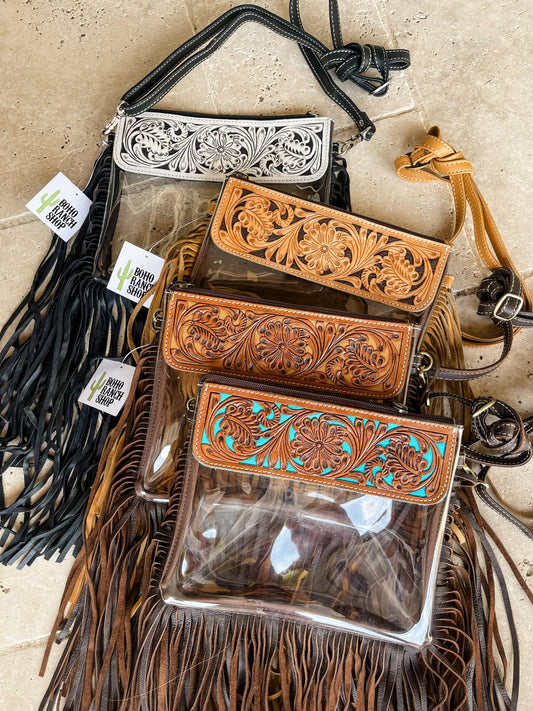 Hand Tooled Clear Purse Crossbody - Concert Game Day Stadium: WHITE/ BLACK