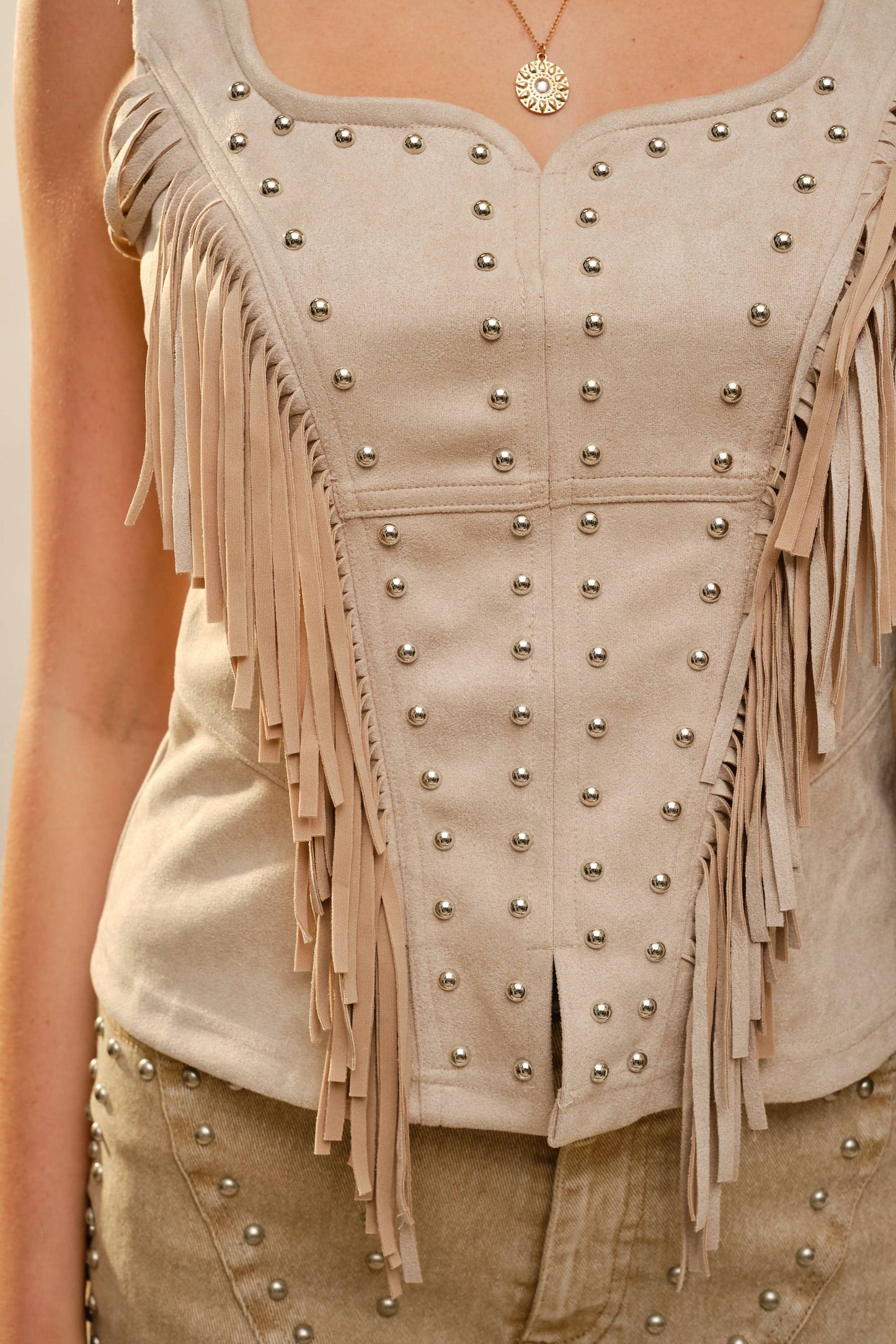 Fringe Stud Faux Suede Tank: CAMEL