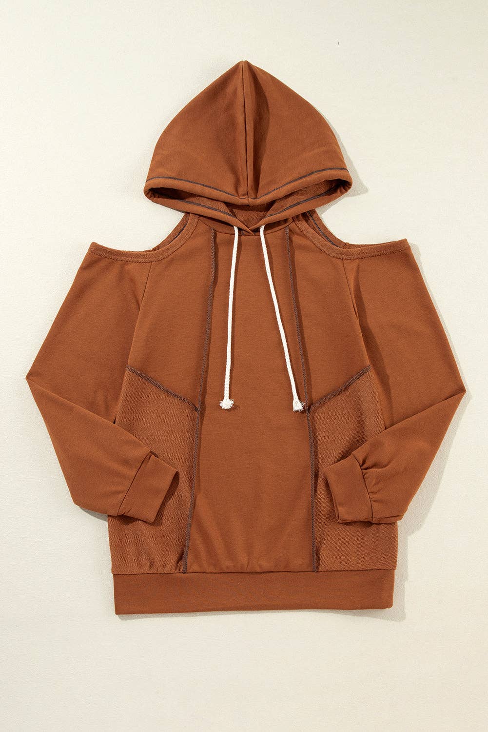 Solid Cold Shoulder Drawstring Hoodie: Cinnamon / M
