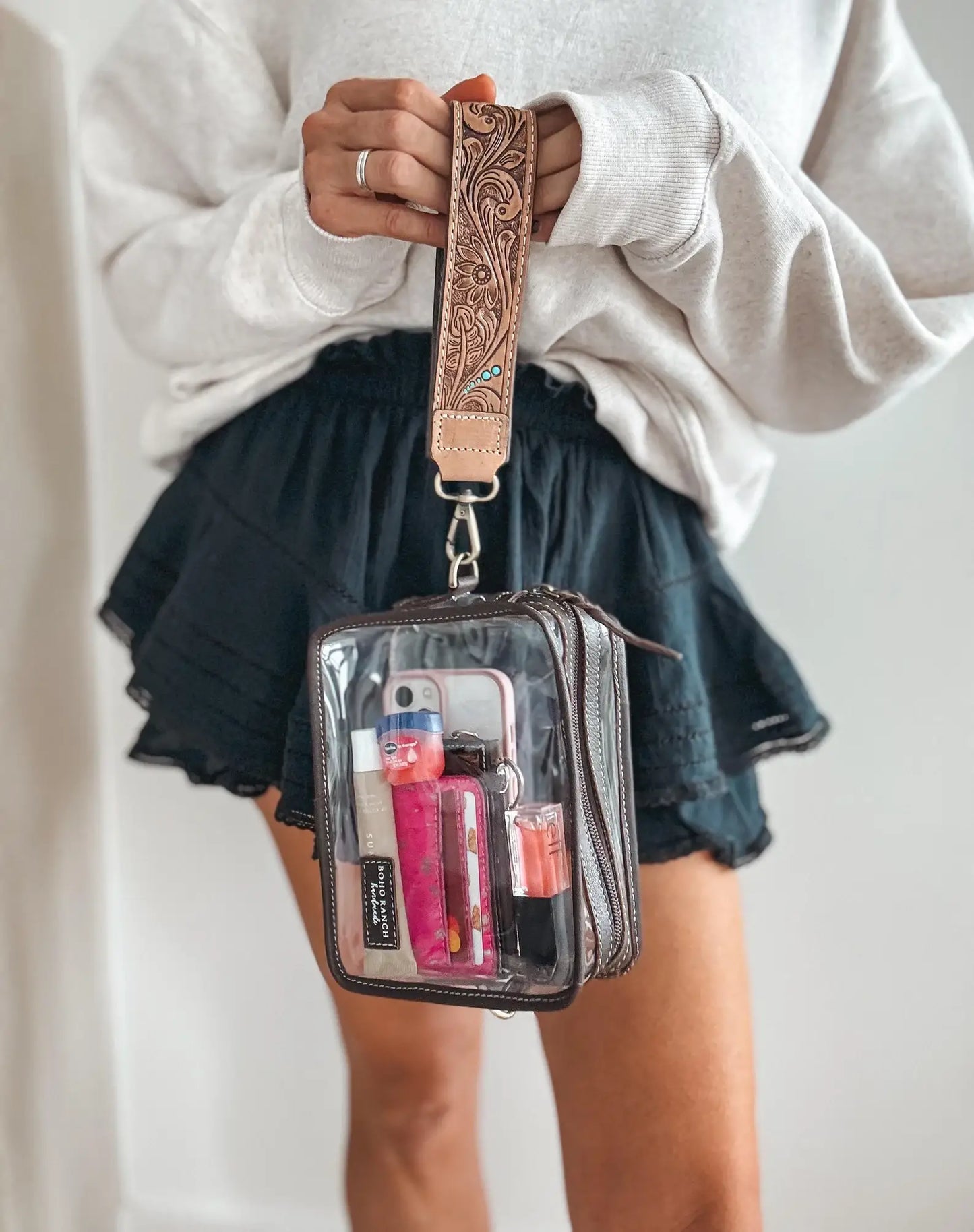 DARLA CLEAR WRISTLET | hand tooled strap - western purse: BROWN