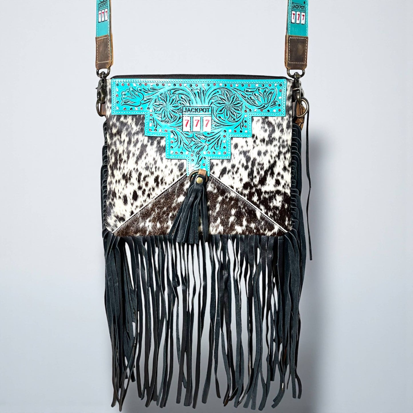 Turquoise jackpot tooled leather & cowhide crossbody bag 