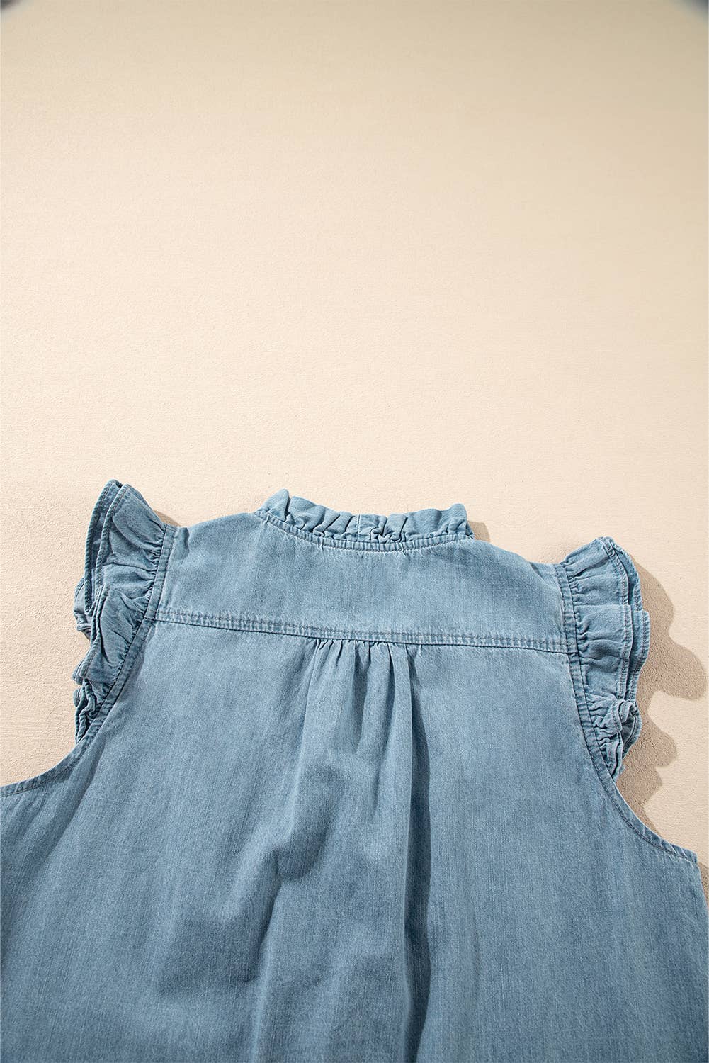 Frilly Ruffle Trim V Neck Chambray Tank Top: Beau Blue