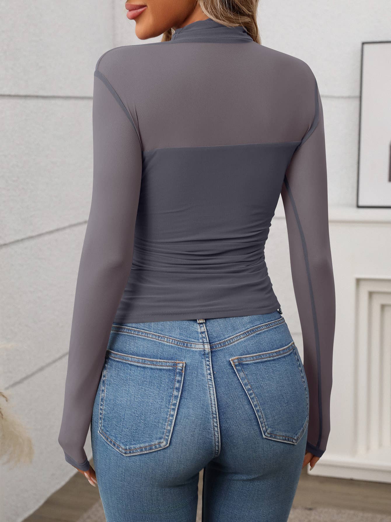 Half High Neck Sheer Long Sleeve Mesh Top: Black / L