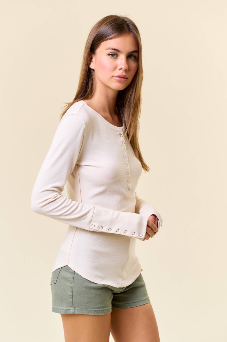 Soft Rib Exposed Seaming Long Sleeve Henley Top - PALE SAND