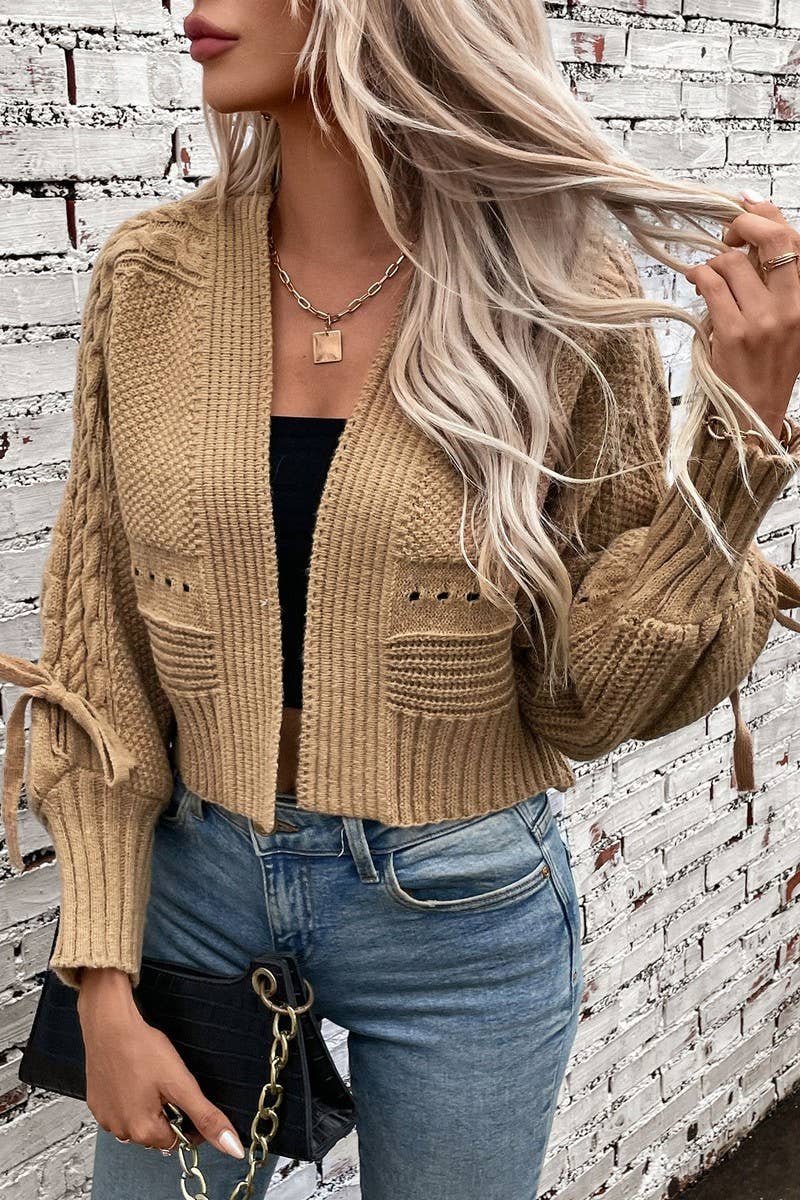 CWOCAL0850_LONG SLEEVE BOW TIE KNIT CARDIGAN SWEATER: KHAKI / (XL) 1