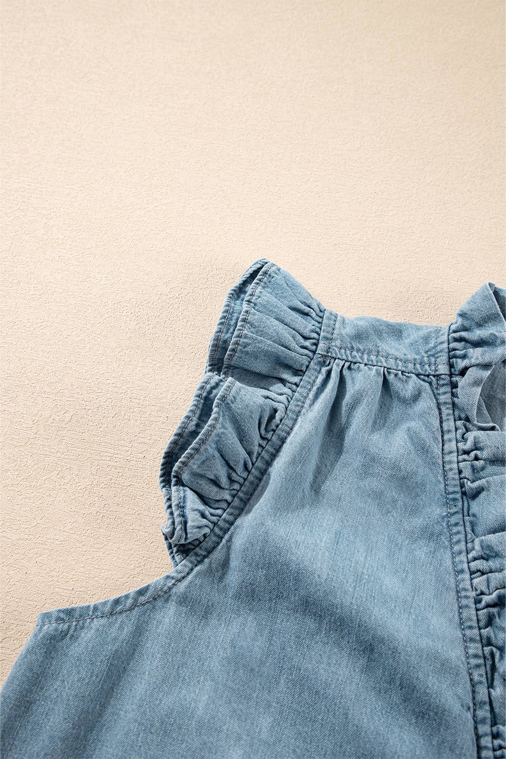 Frilly Ruffle Trim V Neck Chambray Tank Top: Beau Blue