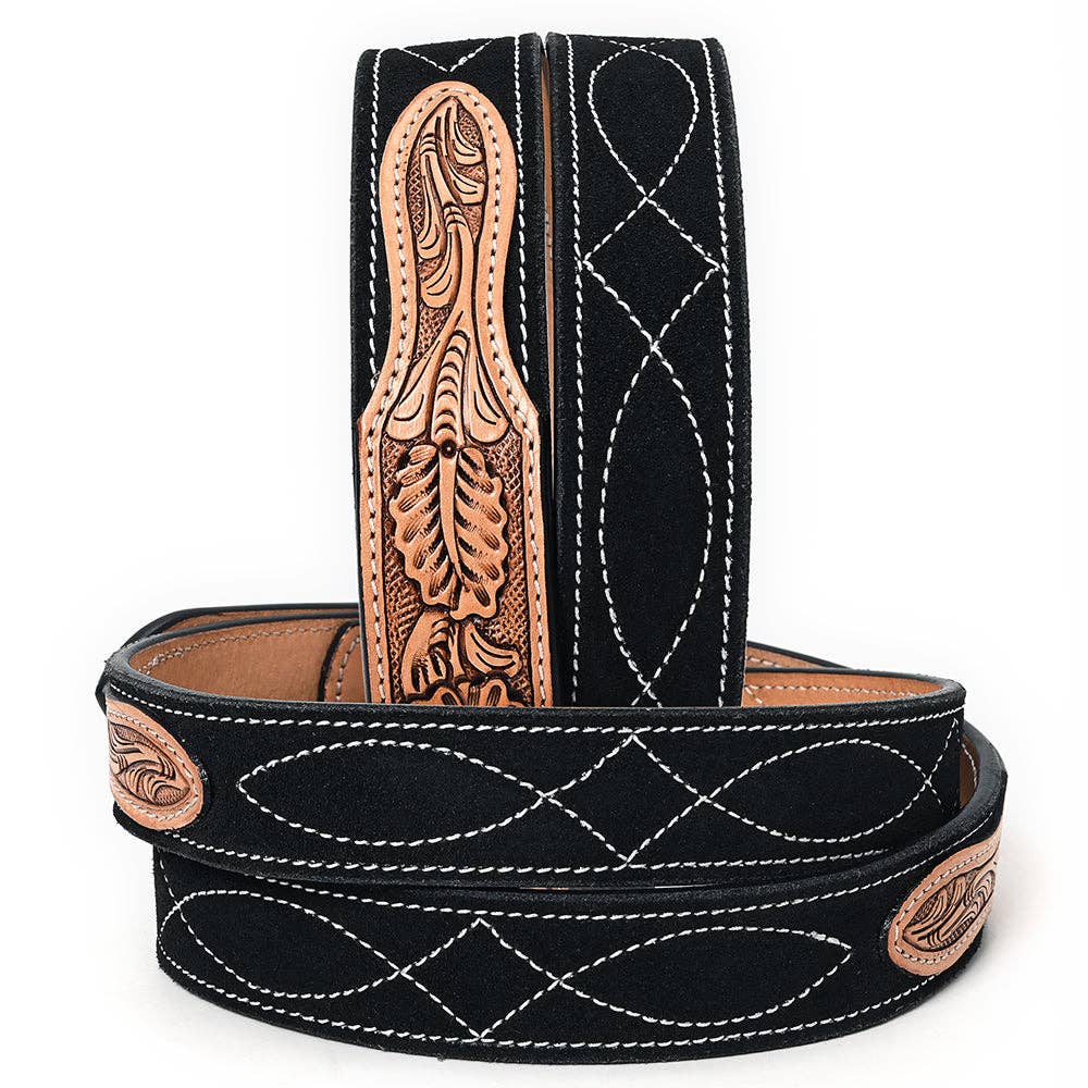 Black Genuine suede Western Belt - Hand-Tooled Leather Inlay & Silver Engraved Buckle