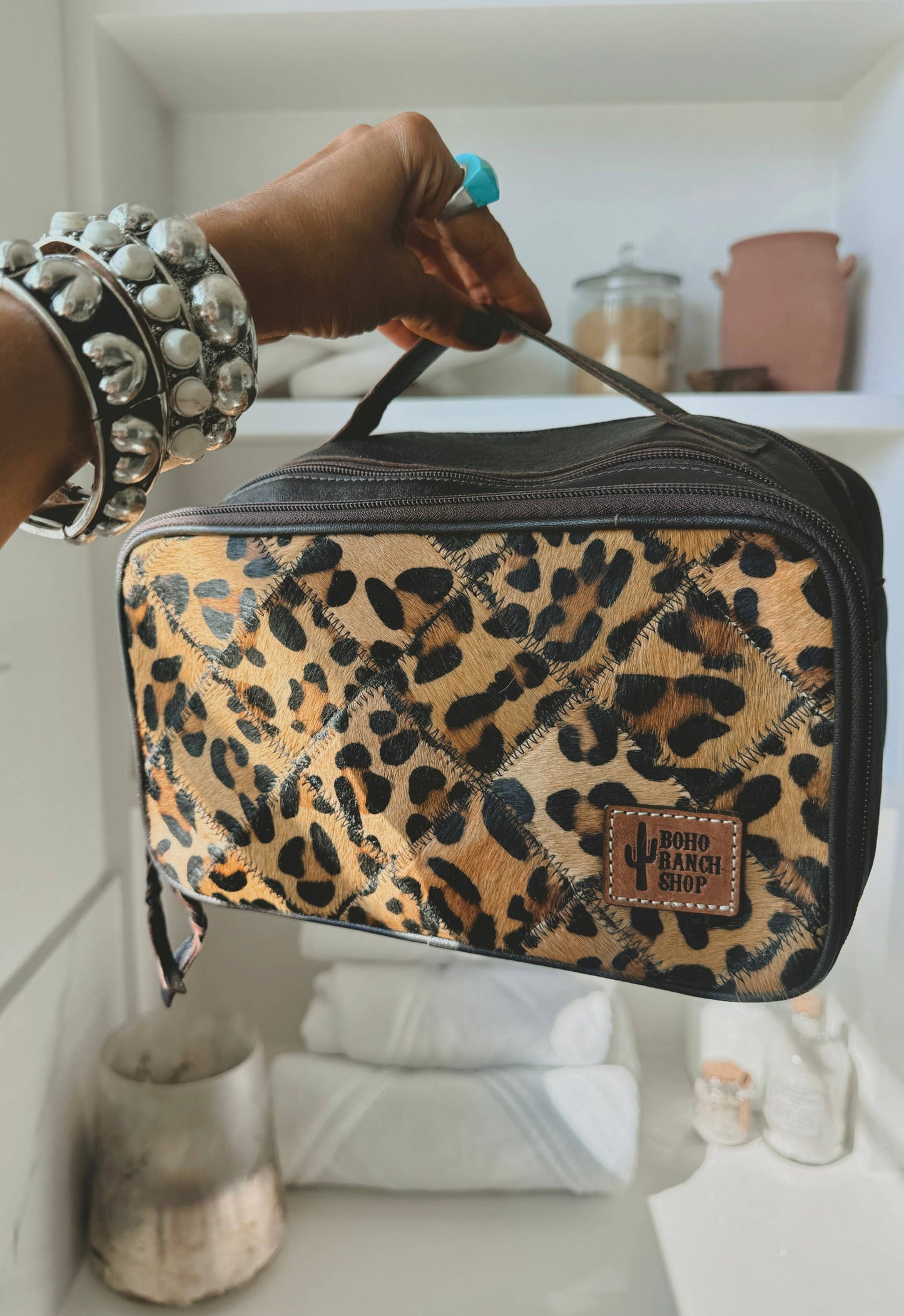 COWHIDE COSMETICS TRAVEL bag Genuine Hair On Leather makeup: BLACK + WHITE COWHIDE