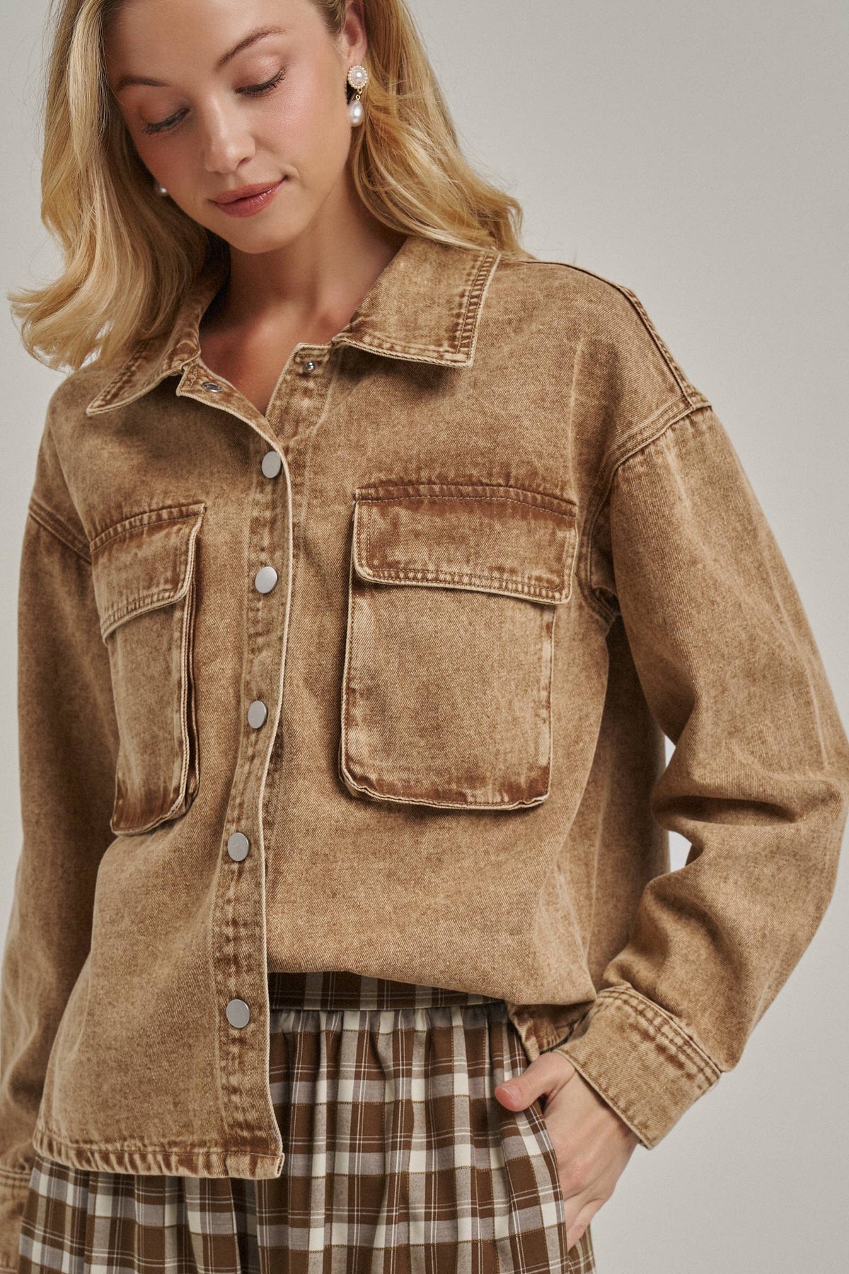 VINTAGE WASHED WESTERN INSPIRED SHACKET _JLT00321-03: VINTAGE TAUPE / S-M-L(2-2-2)
