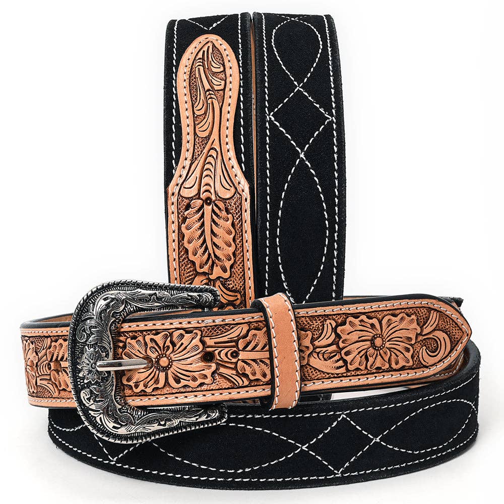 ADBLF335 Black Genuine suede Western Belt - Hand-Tooled Leather Inlay & Silver Engraved Buckle: ADBLF335-M