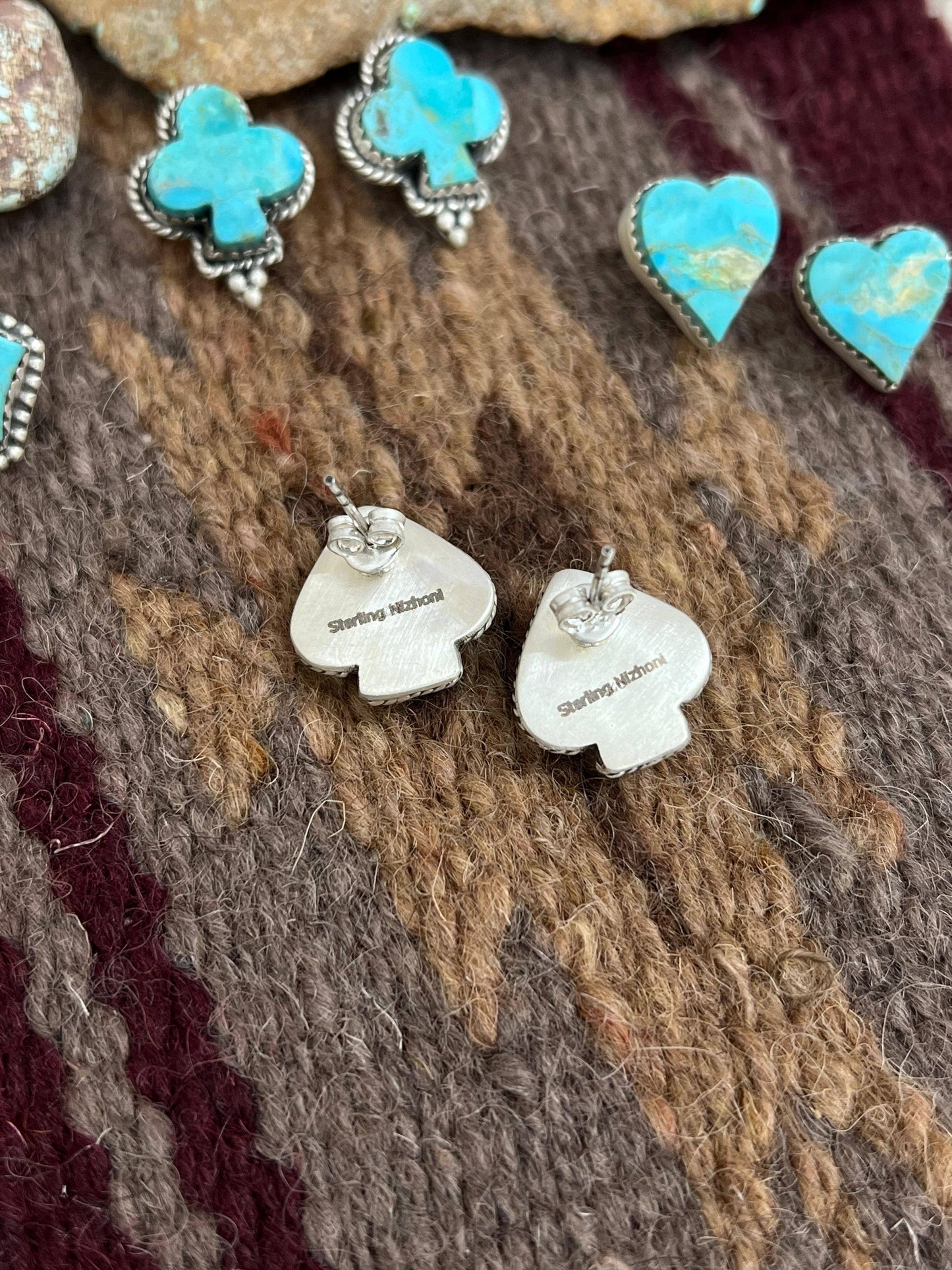 Handmade Sterling Silver Kingman Turquoise Post Studs with Signed Nizhoni: Diamond