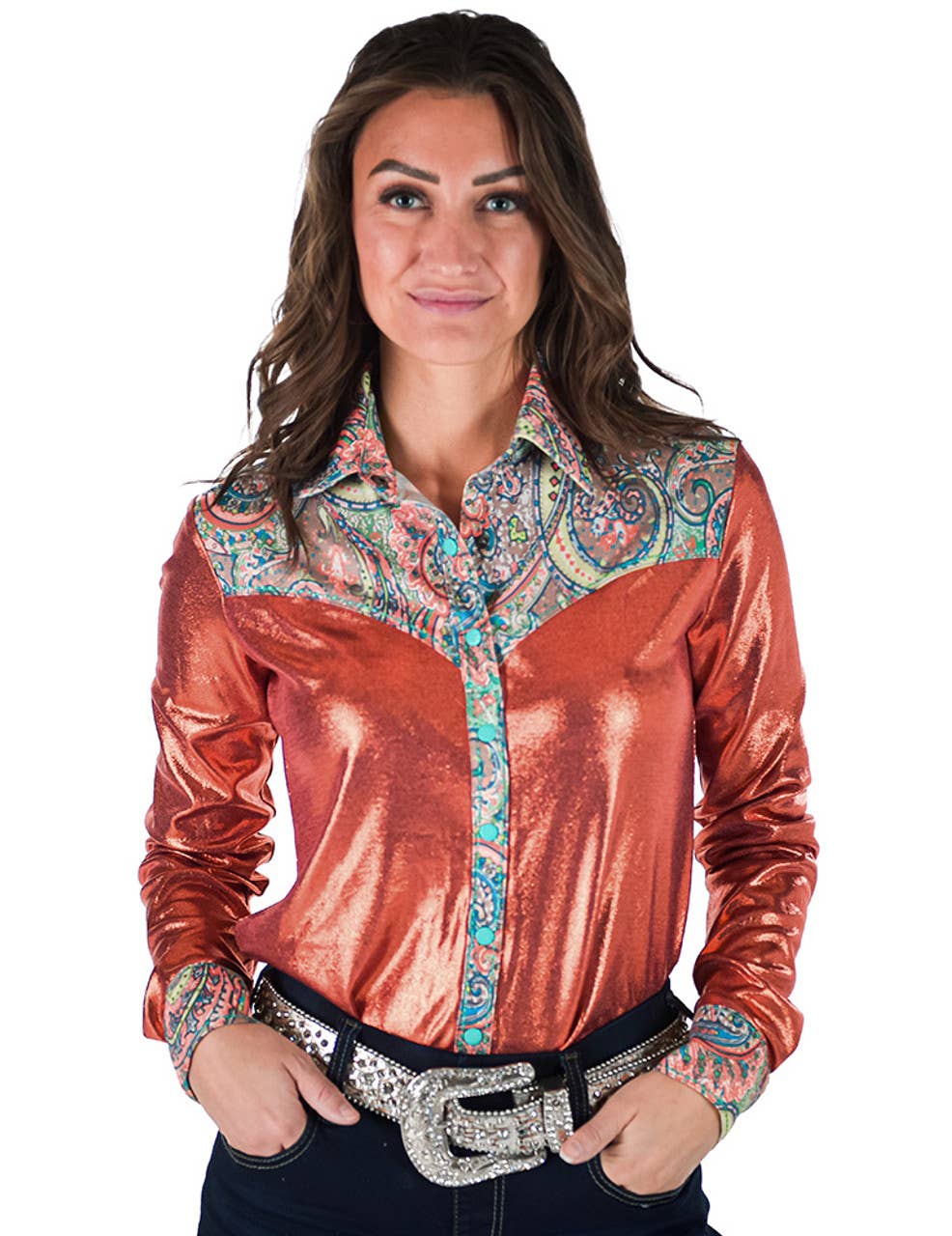 Pullover Button Up Rust Metallic Paisley Stretch Jersey: Rust / Extra Small