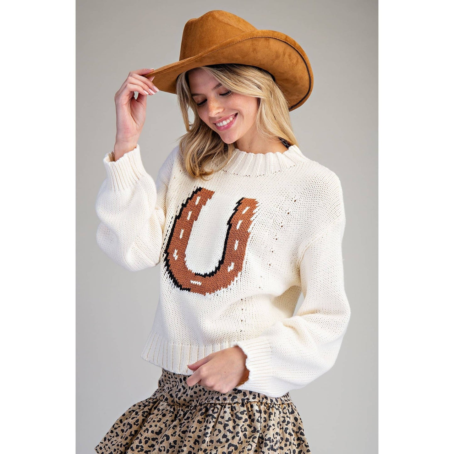 Horseshoe Long Sleeve Sweater Top: VANILLA FROST