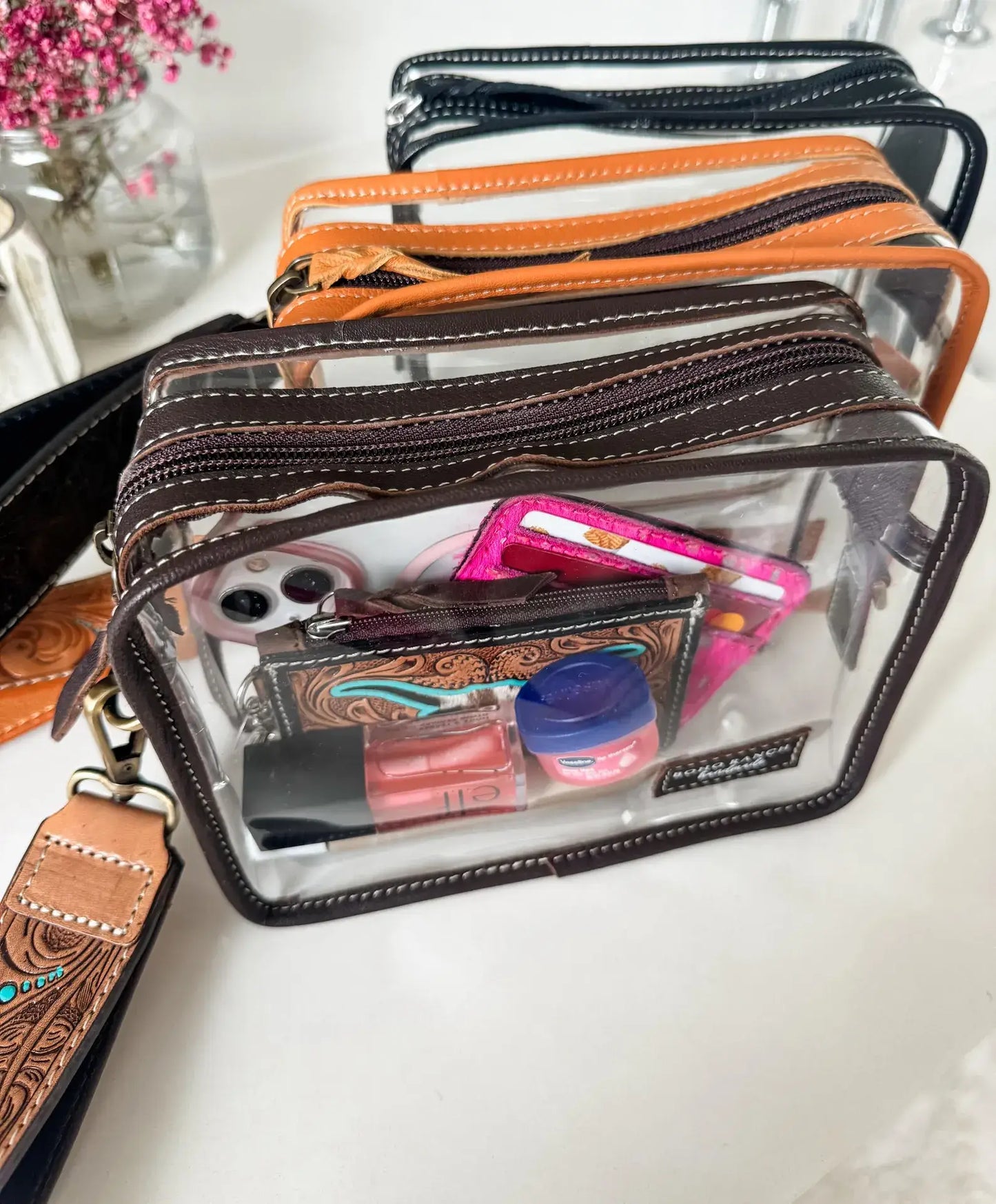 DARLA CLEAR WRISTLET | hand tooled strap - western purse: BROWN