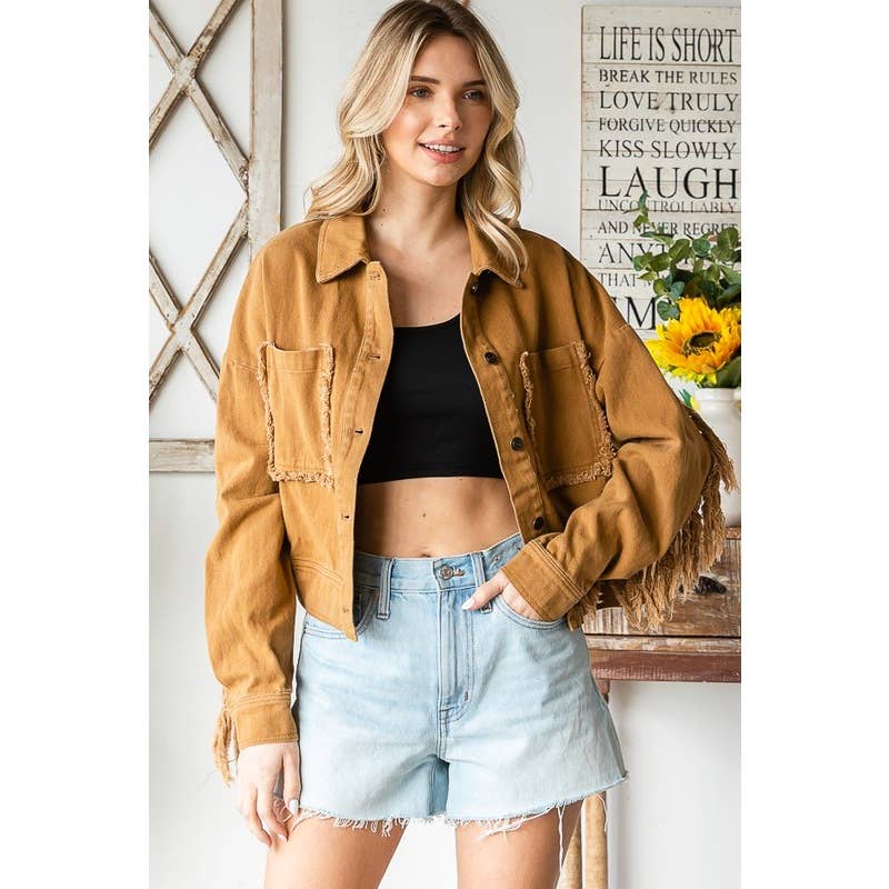 WASHED BUTTON DOWN FRINGE TWILL JACKET: WASHED CAMEL / XS-S-M-L-XL(1-2-2-2-1)