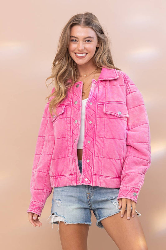 Garment Stone Washed Quilted Pocket Front Jacket: HOT PINK
