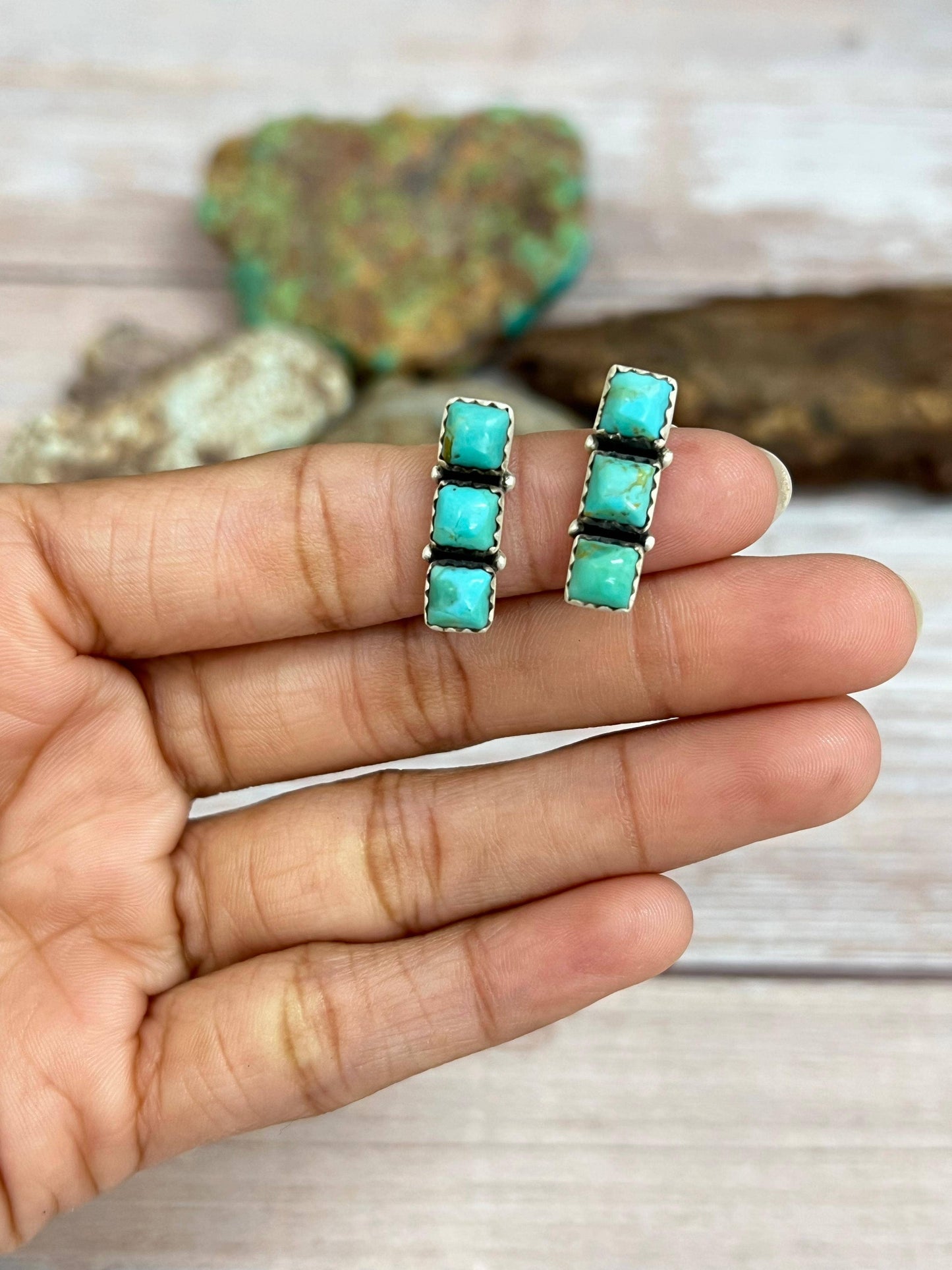 Handmade Sterling Silver Kingman Turquoise Post Studs with Signed Nizhoni: Kingman Turquoise / Studs