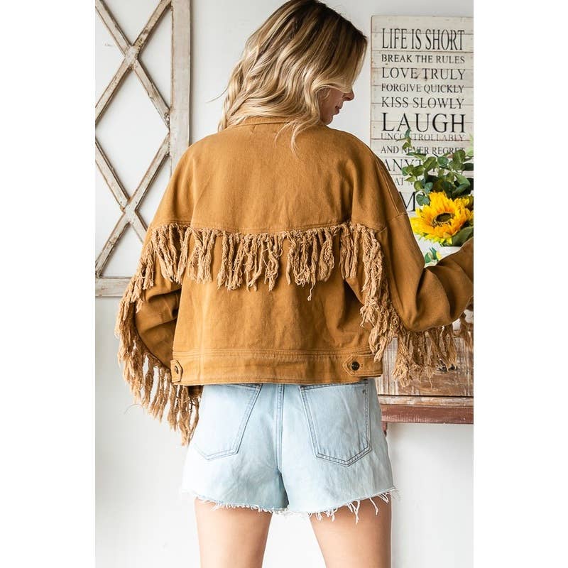 WASHED BUTTON DOWN FRINGE TWILL JACKET: WASHED CAMEL / XS-S-M-L-XL(1-2-2-2-1)
